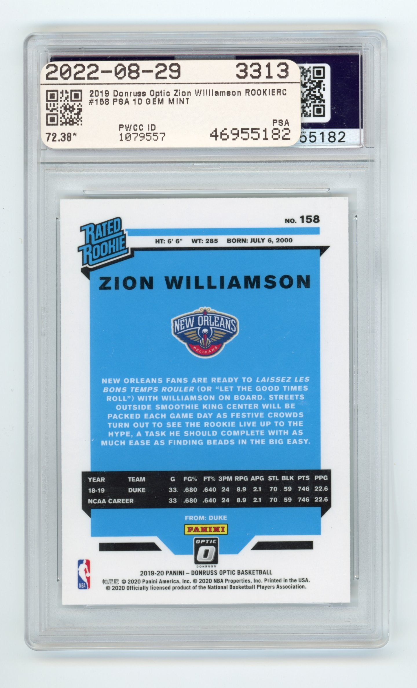 2019 Panini Donruss Optic Zion Williamson #158 PSA 10 New Orleans Pelicans