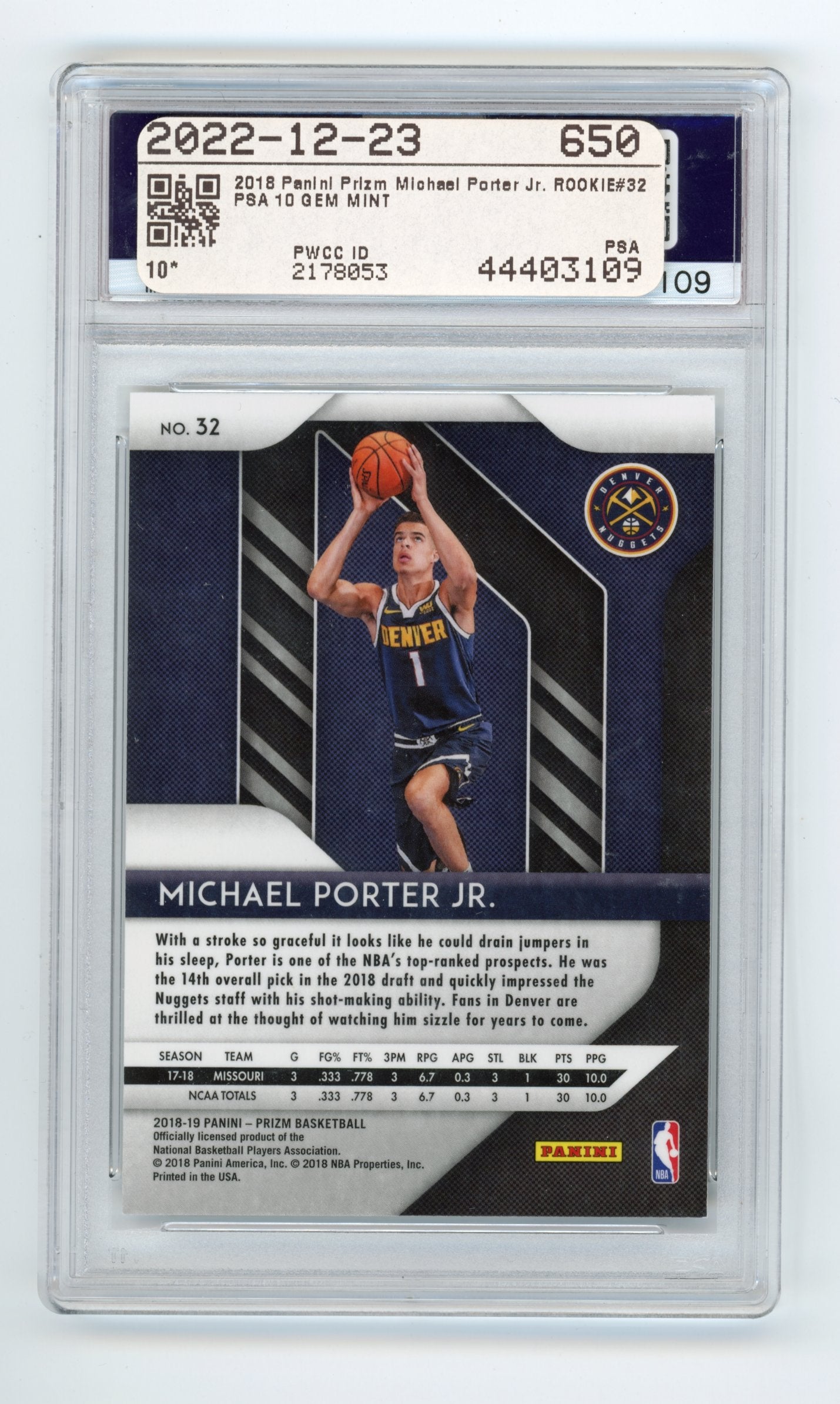 2018 Panini Prizm Michael Porter Jr. #32 PSA 10 Denver Nuggets