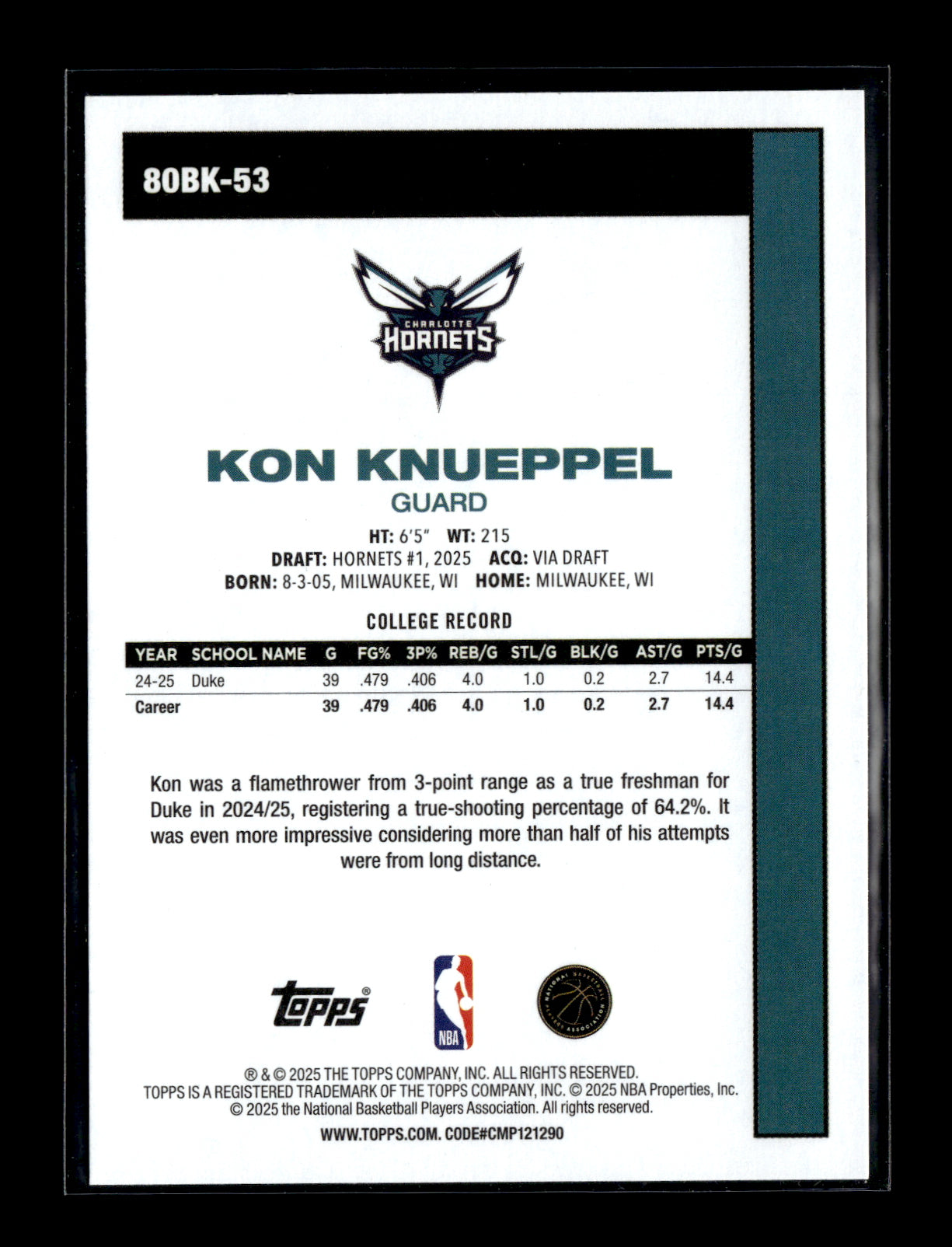 2025-26 Topps #80BK-53 Kon Knueppel 1980-81 Topps Basketball Charlotte Hornets