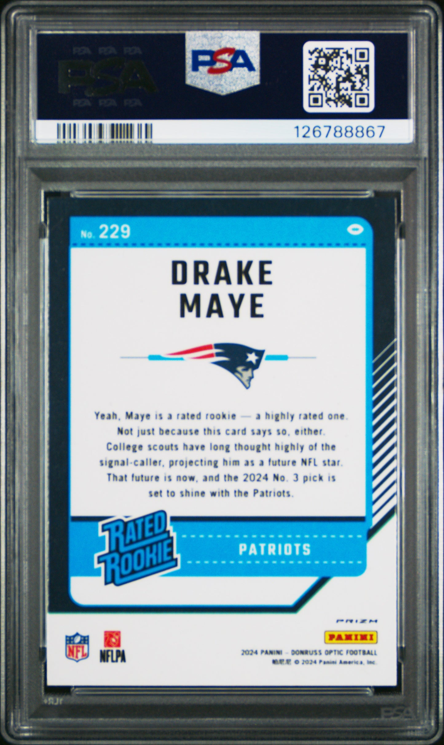 2024 Panini Donruss Optic Drake Maye #229 Purple Shock PSA 8