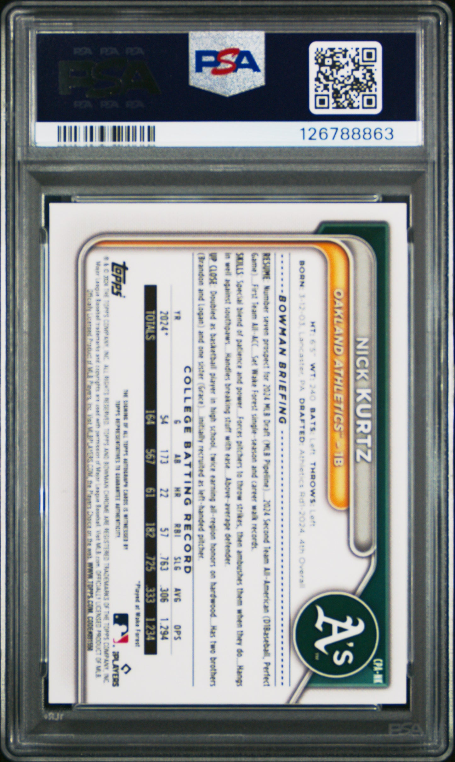 2024 Bowman Draft Chrome Prospect Autographs Nick Kurtz PSA 9 Oakland Athletics