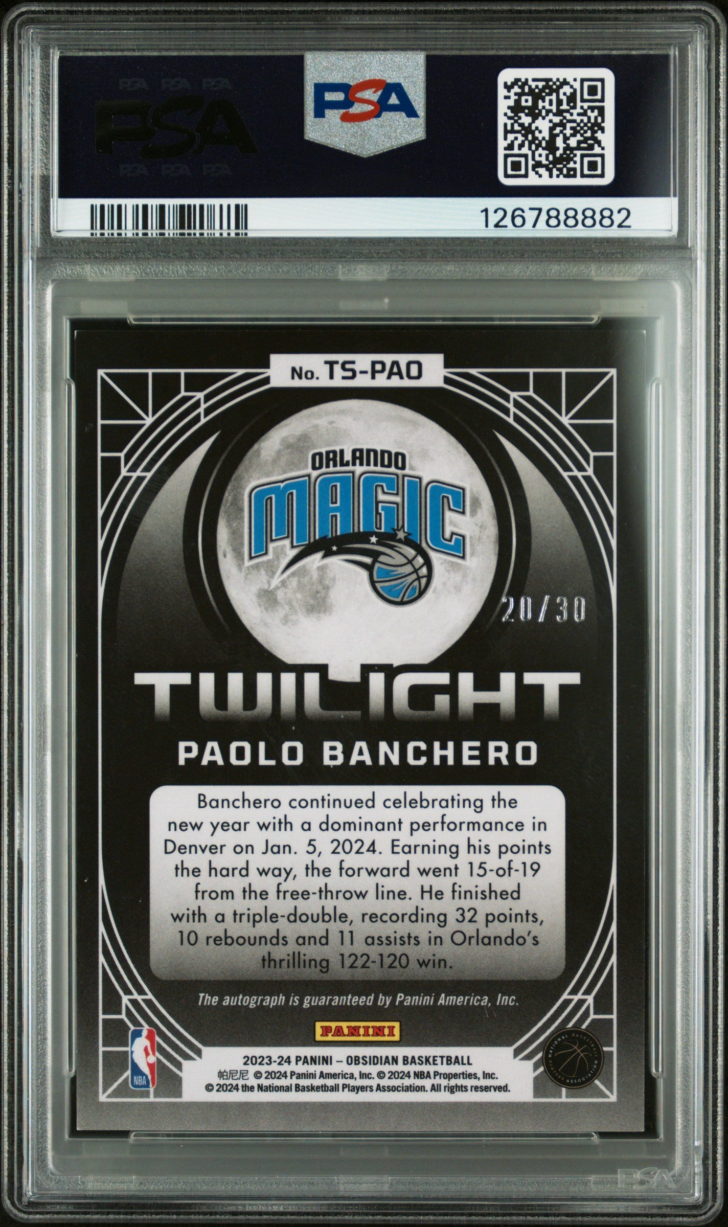2023 Panini Obsidian Twilight Signatures Paolo Banchero #TSPAO Blue PSA 8 Orlando Magic
