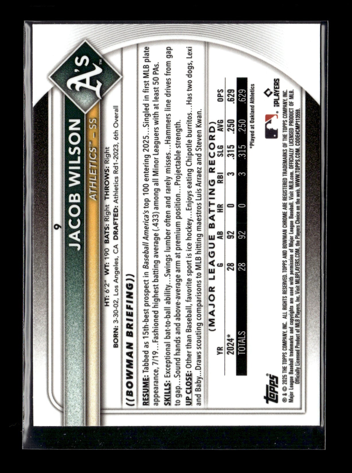 2025 Bowman Jacob Wilson #9 Bowman Chrome Red Rookie Logo Athletics