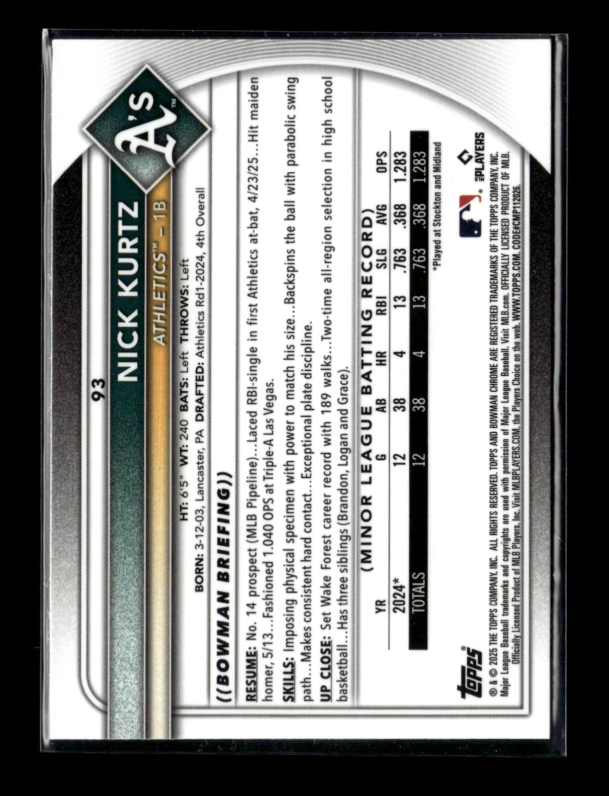 2025 Bowman Chrome Nick Kurtz #93 Athletics