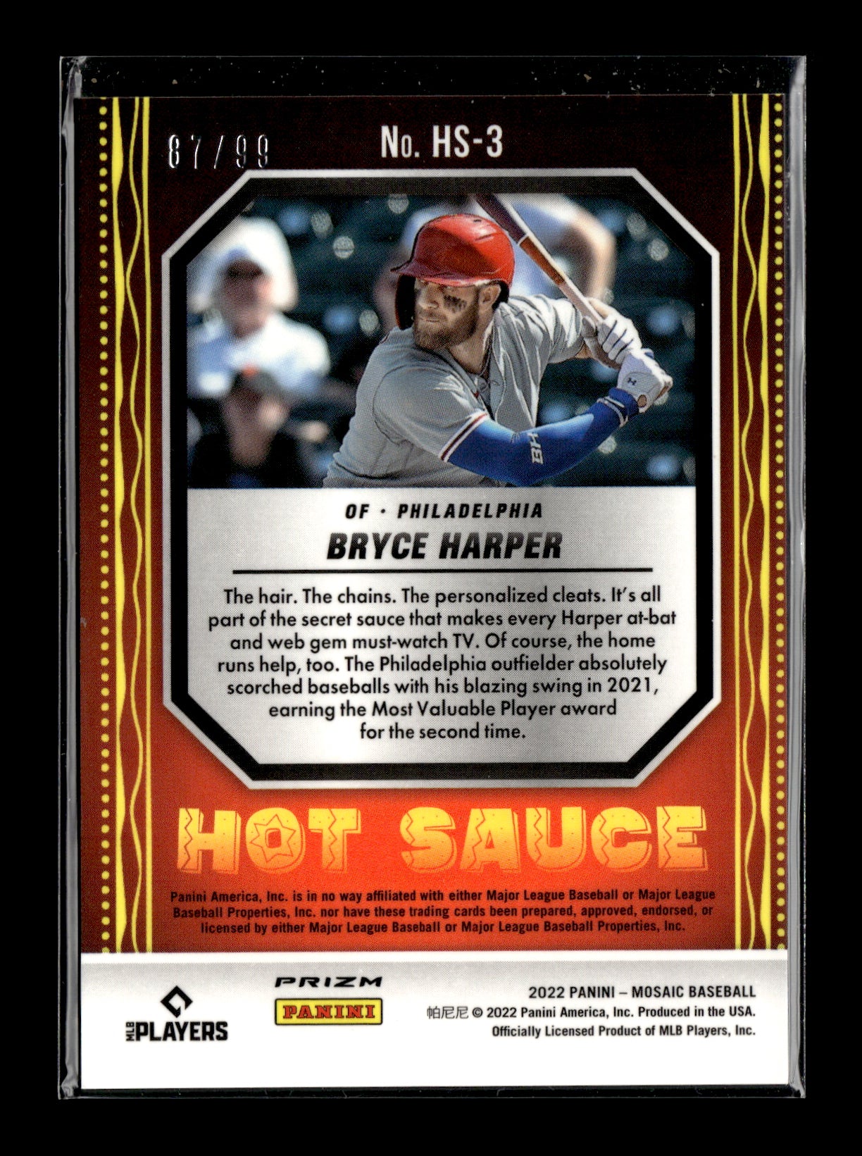 2022 Panini Mosaic Bryce Harper #HS-3 Hot Sauce Reactive Orange Mosaic #/99 Philadelphia Phillies