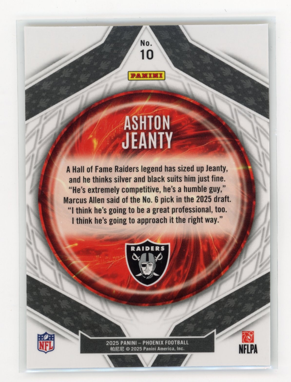 2025 Panini Phoenix Ashton Jeanty #10 Paragon Las Vegas Raiders