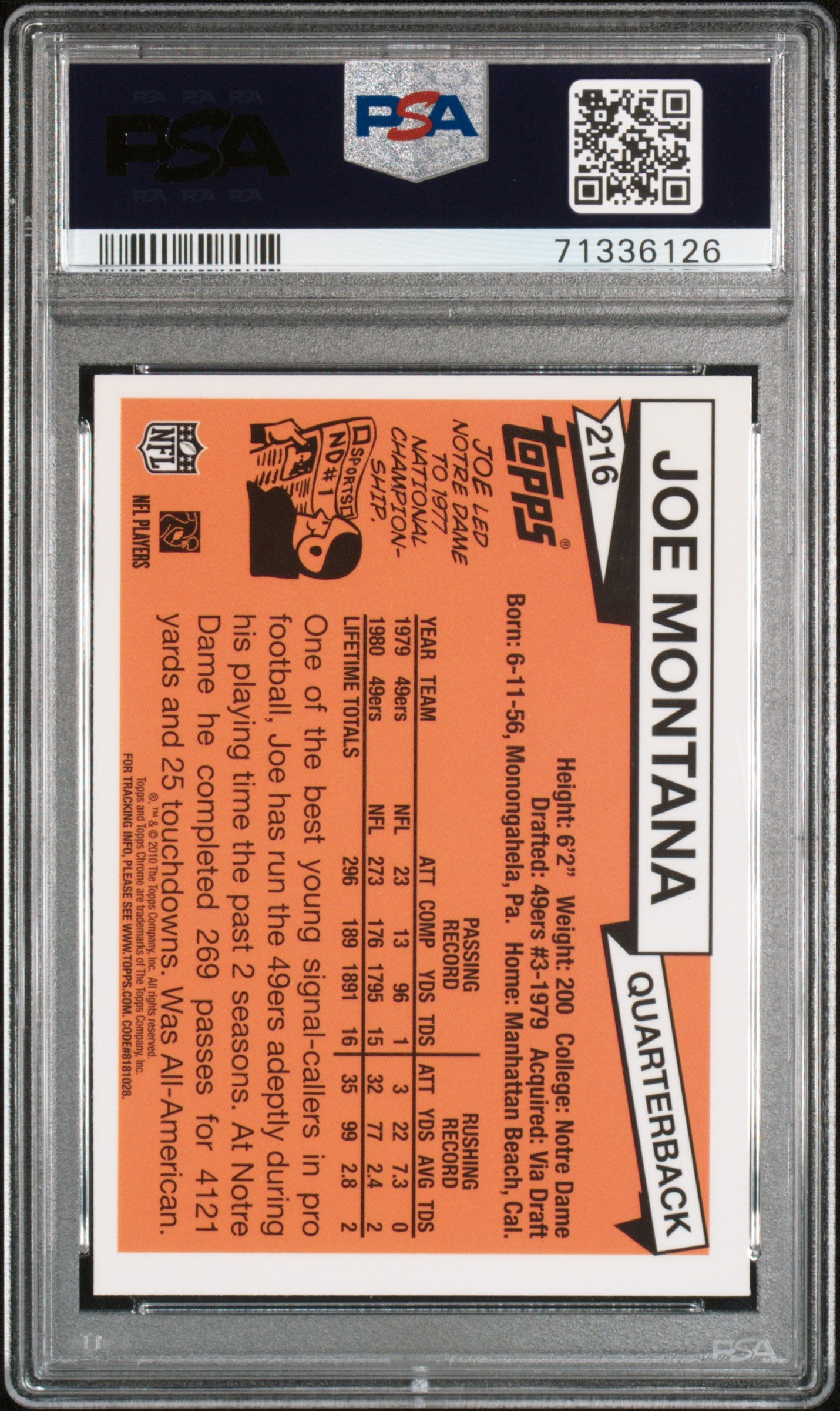 2010 Topps Chrome Anniversary Reprints Joe Montana #216 Anniversary Reprints PSA 8 49er's