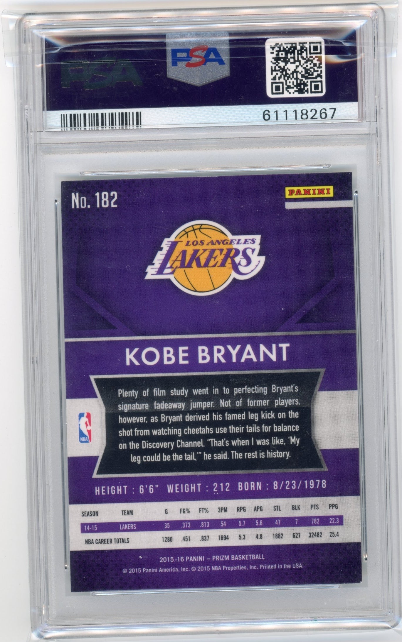 2015-16 Panini Prizm Kobe Bryant #182 PSA 9 Los Angeles Lakers