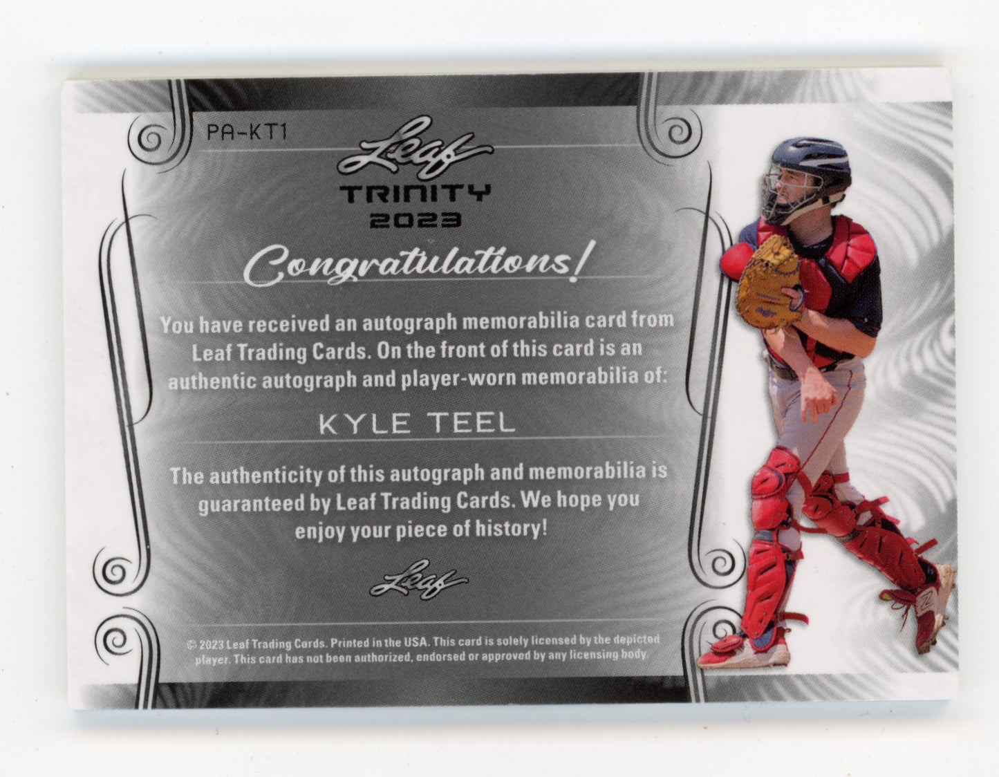 2023 Leaf Trinity - Patch Autograph Memorabilia Bronze Kyle Teel #PA-KT1 #/99