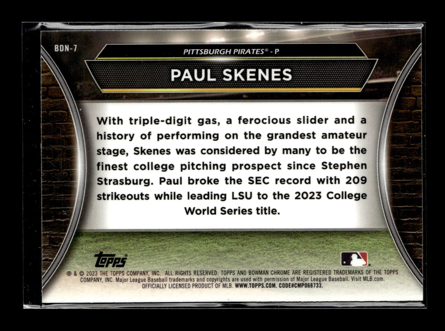 2023 Bowman Draft Paul Skenes #BDN-7 Bowman Draft Night Refractor #/250 Pittsburgh Pirates