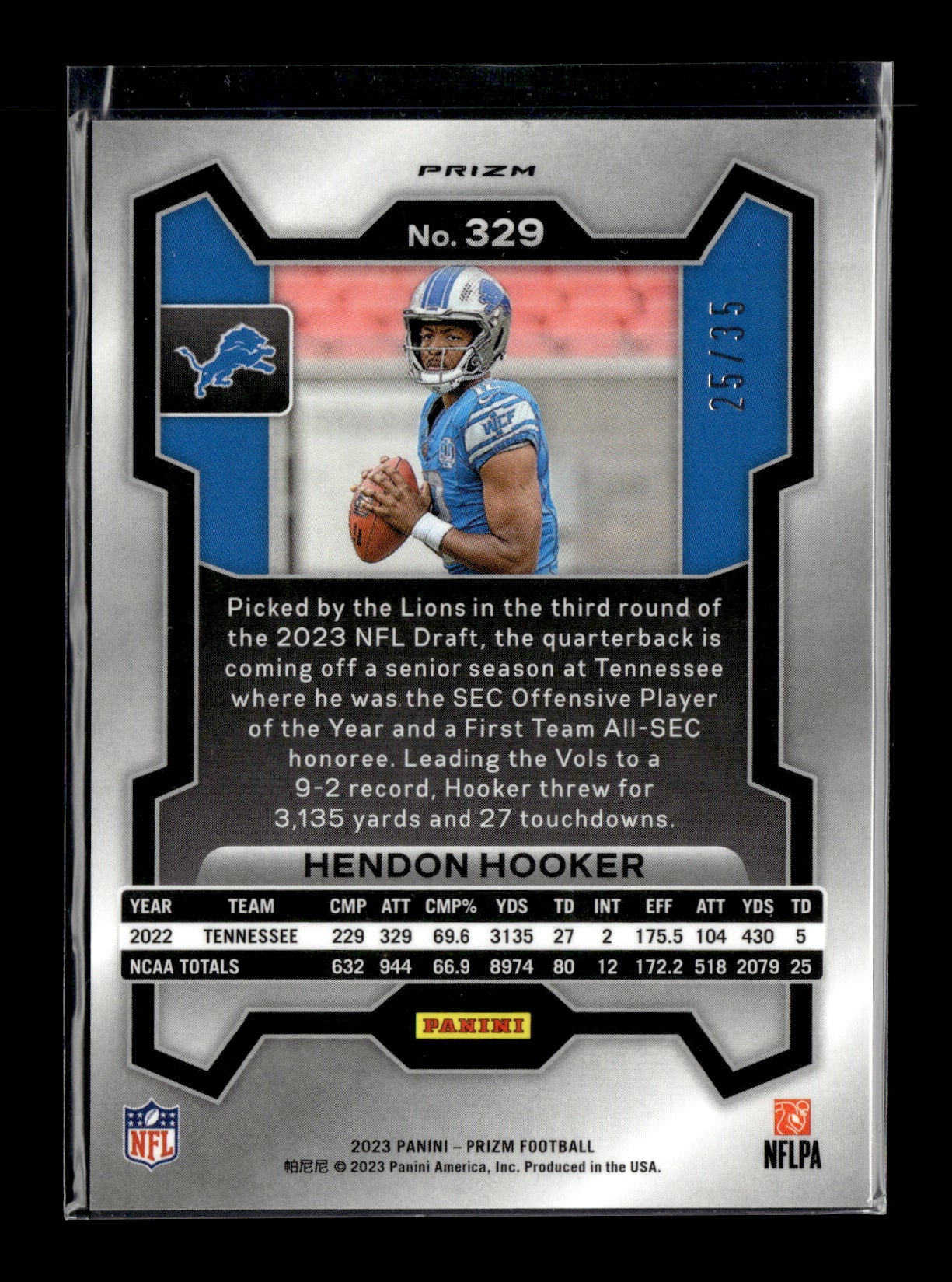 2023 Panini Prizm Hendon Hooker #329 No Huddle Purple #/35 Detroit Lions