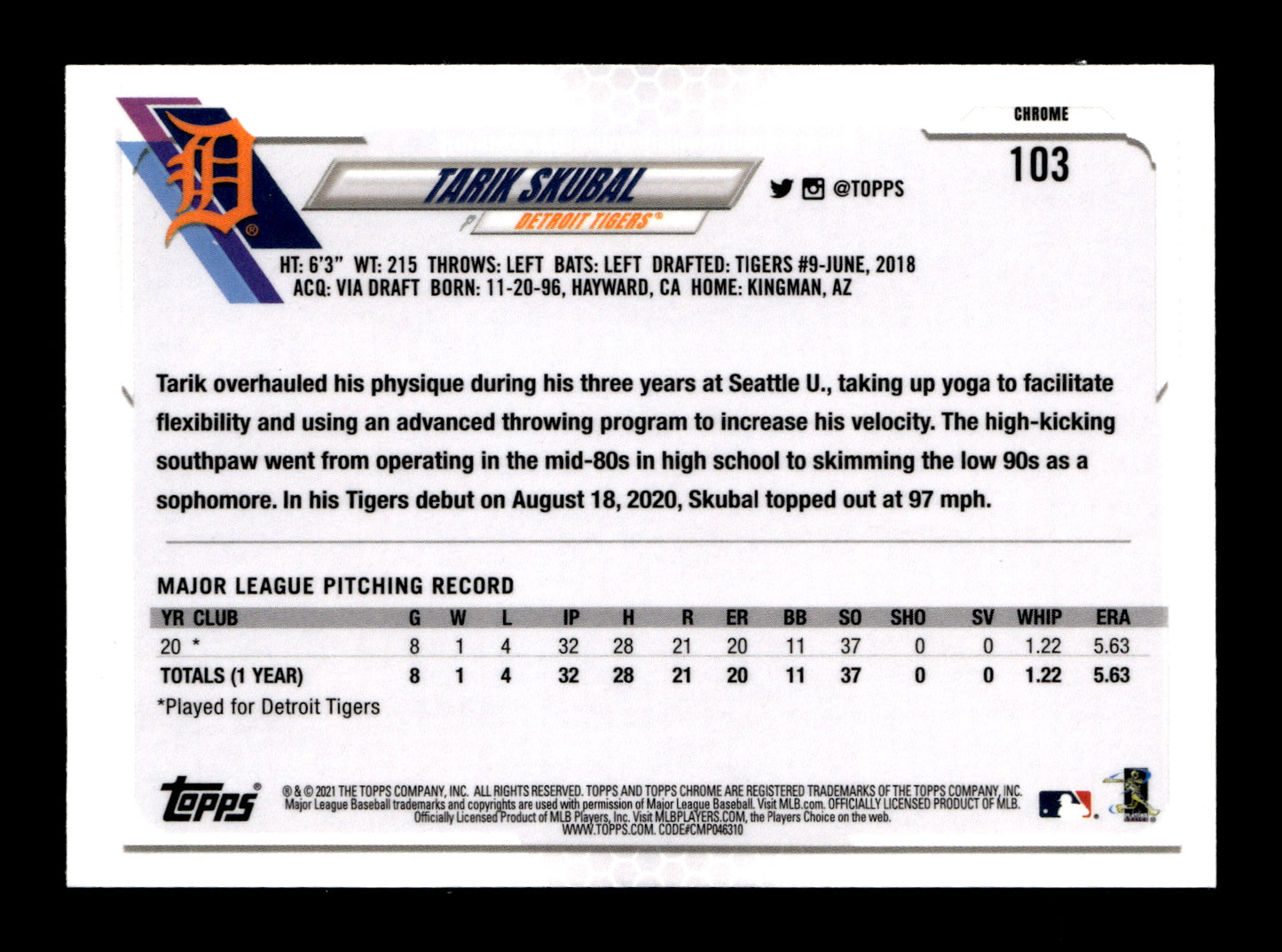 2021 Topps Chrome Tarik Skubal #103 Pink Refractor Detroit Tigers