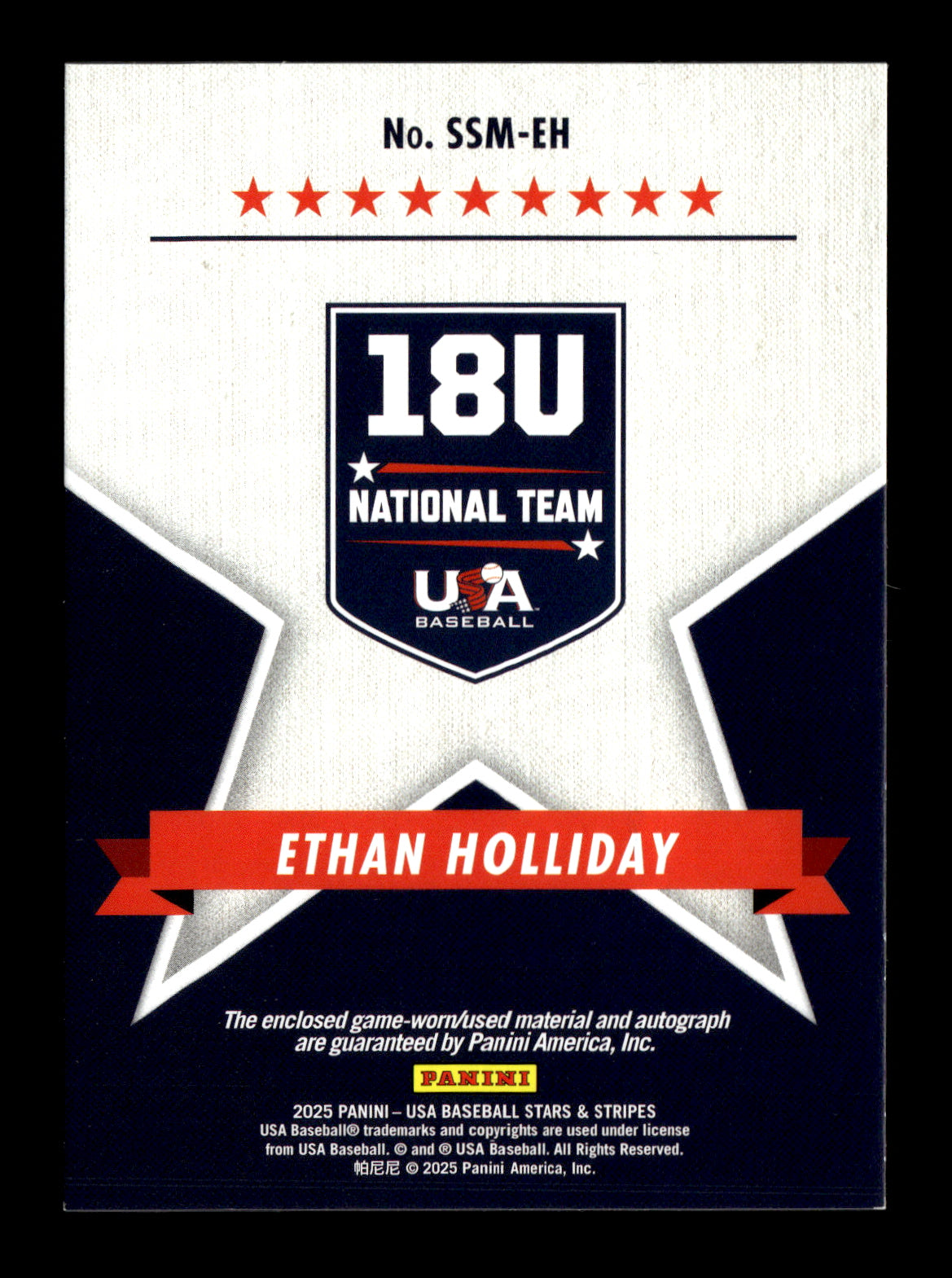 2025 Panini Stars & Stripes USA Baseball Ethan Holliday #SSM-EH Stars and Stripes Signature Materials