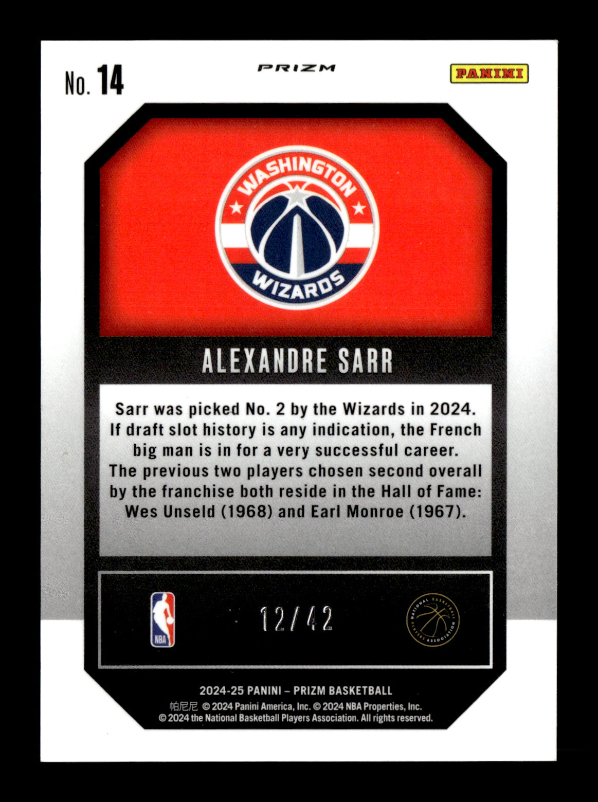 2024-25 Panini Prizm Alexandre Sarr #14 Emergent Prizms Pink Pulsar #/42 Washington Wizards