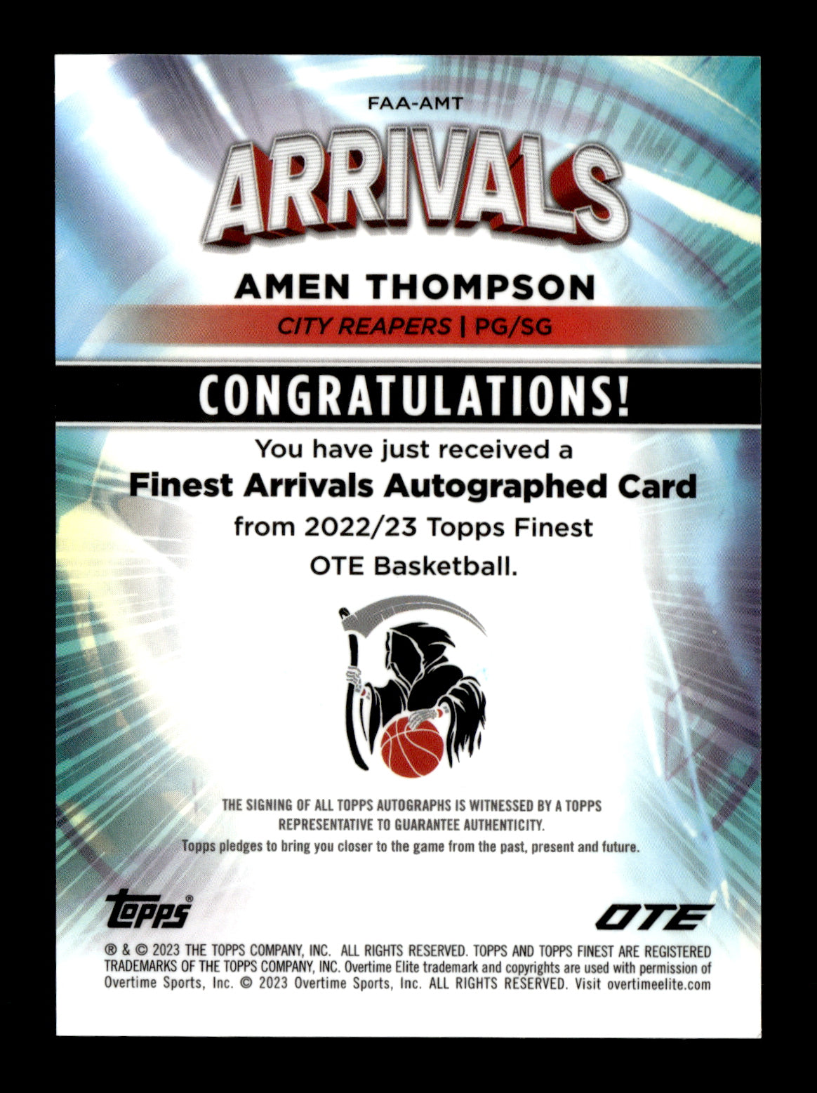 2022-23 Finest Overtime Elite Amen Thompson #FAA-AMT Topps Finest Arrivals Autographs