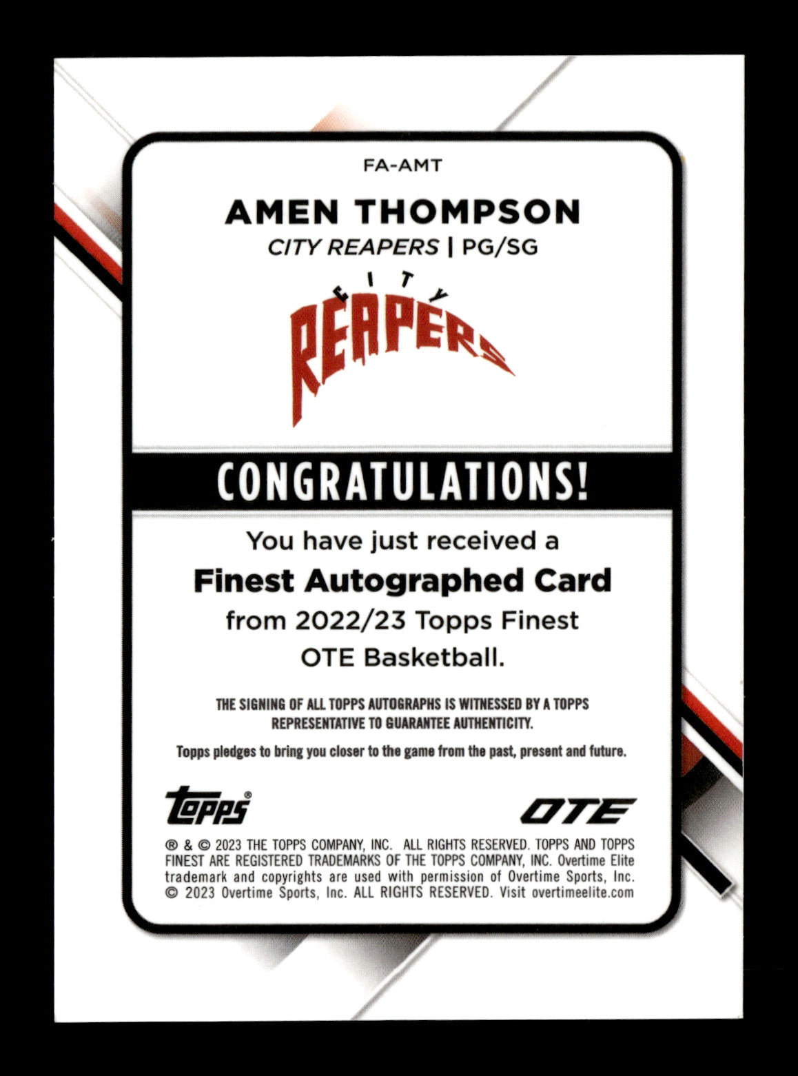 2022-23 Finest Overtime Elite Amen Thompson #FA-AMT Finest Autographs Gold Refractor #/50