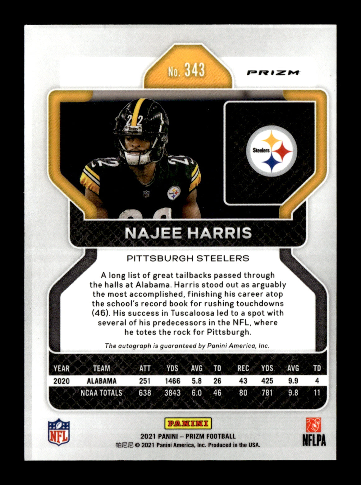 2021 Panini Prizm Najee Harris #343 Rookie Autographs Prizm Pink Pittsburgh Steelers