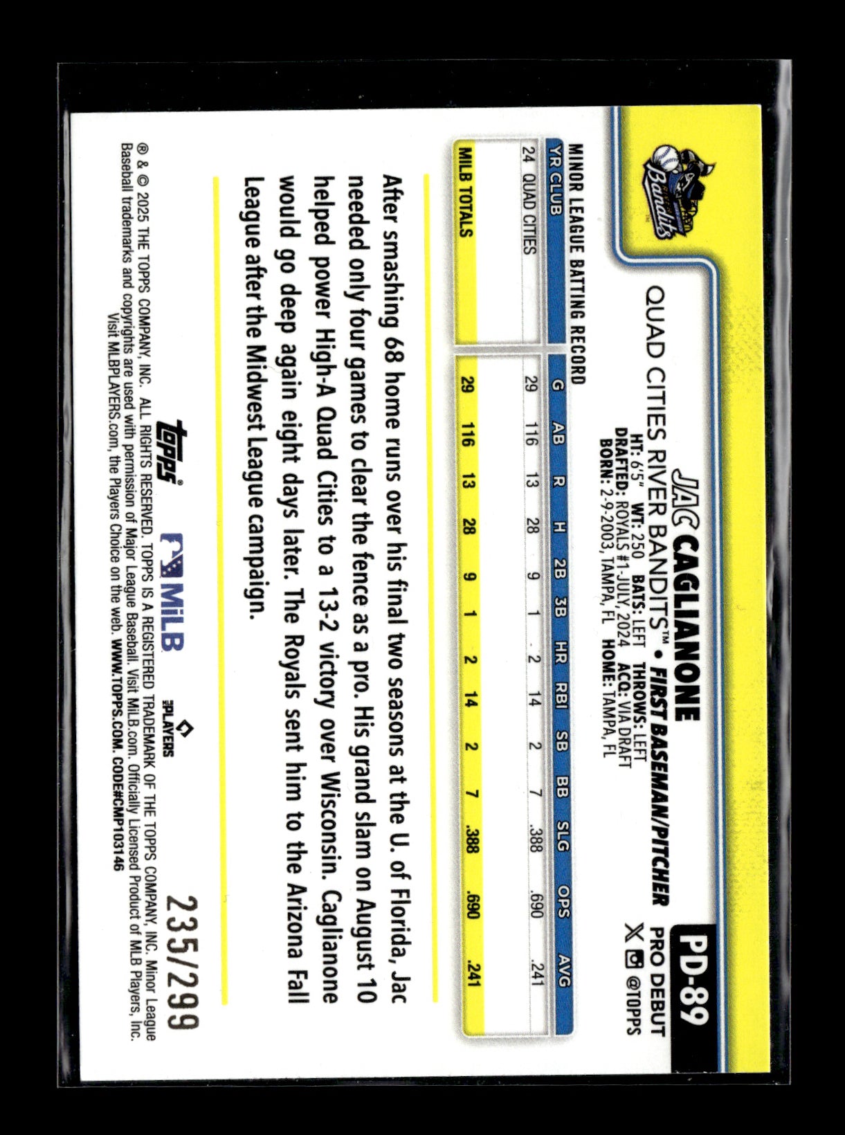 2025 Topps Pro Debut Jac Caglianone #PD-89 Quad Cities River Bandits