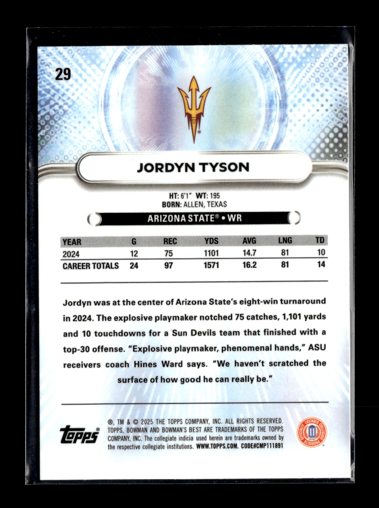 2025 Bowman University Best Jordyn Tyson #29 Blue #/150 Arizona State Sun Devils