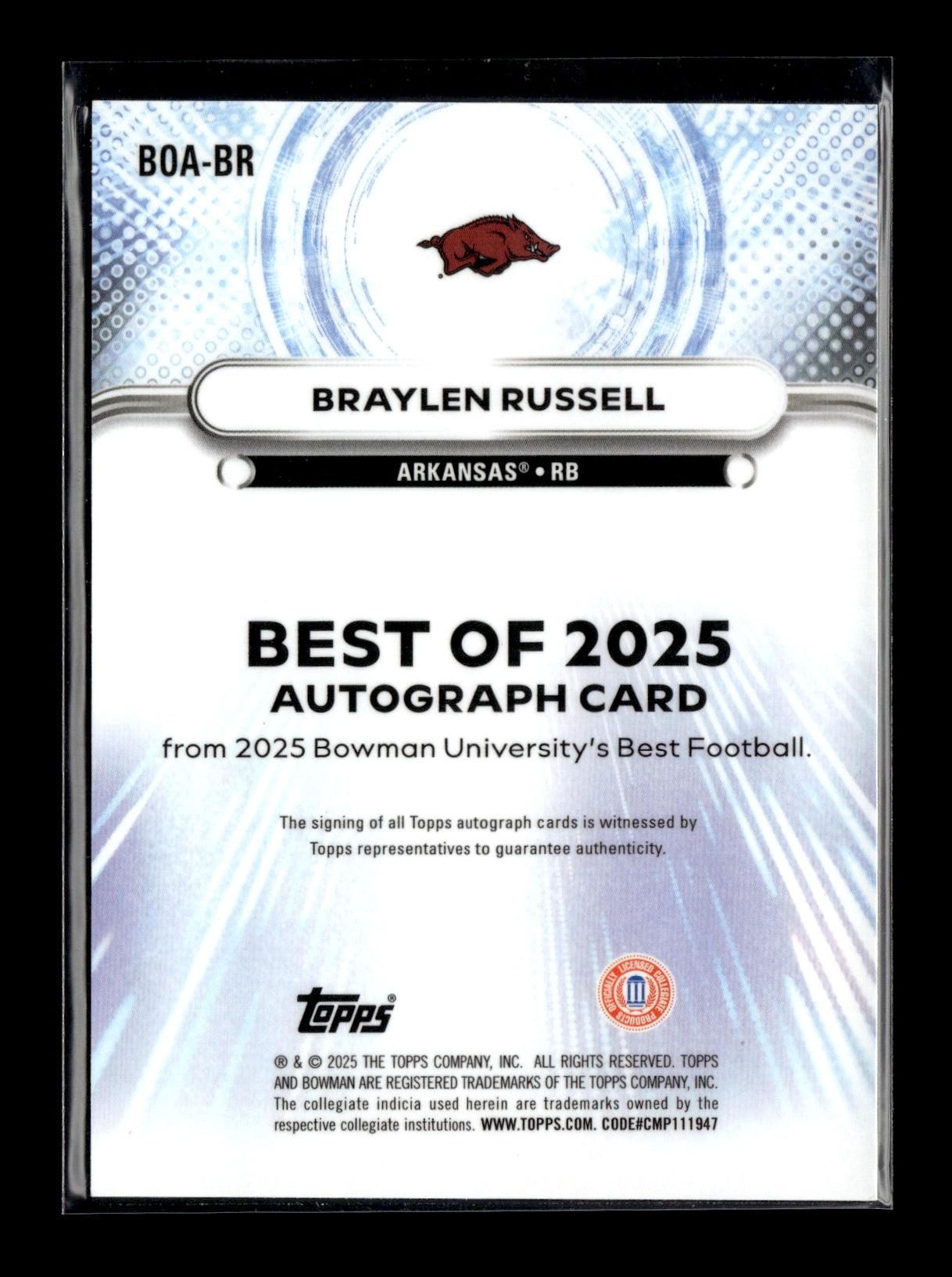 2025 Bowman University Best Braylen Russell #BOA-BR Best Of 2025 Autographs Blue #/150 Arkansas Razorbacks