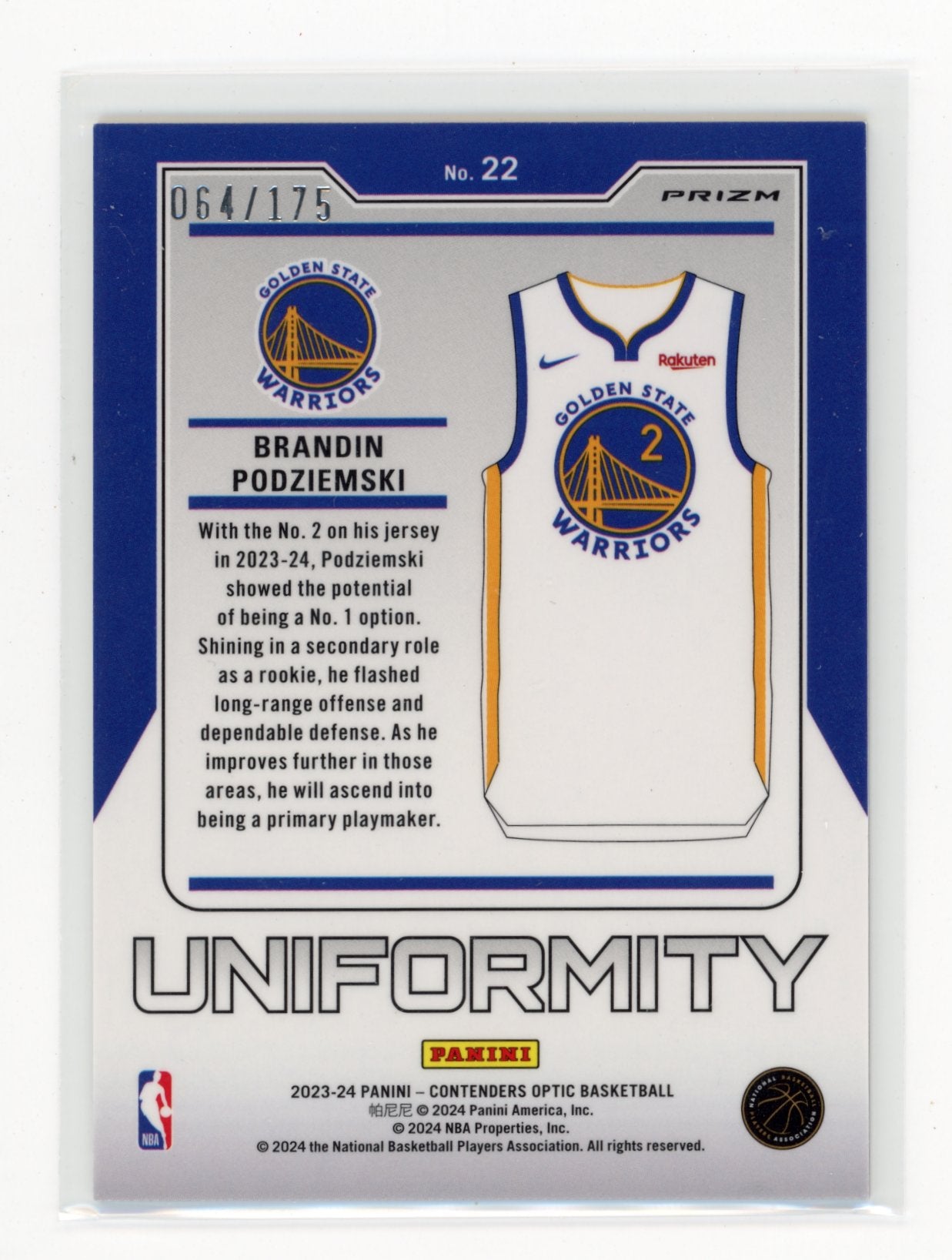 2023-24 Panini Contenders Optic Brandin Podziemski #22 Uniformity Red Cracked Ice #/175 Golden State Warriors