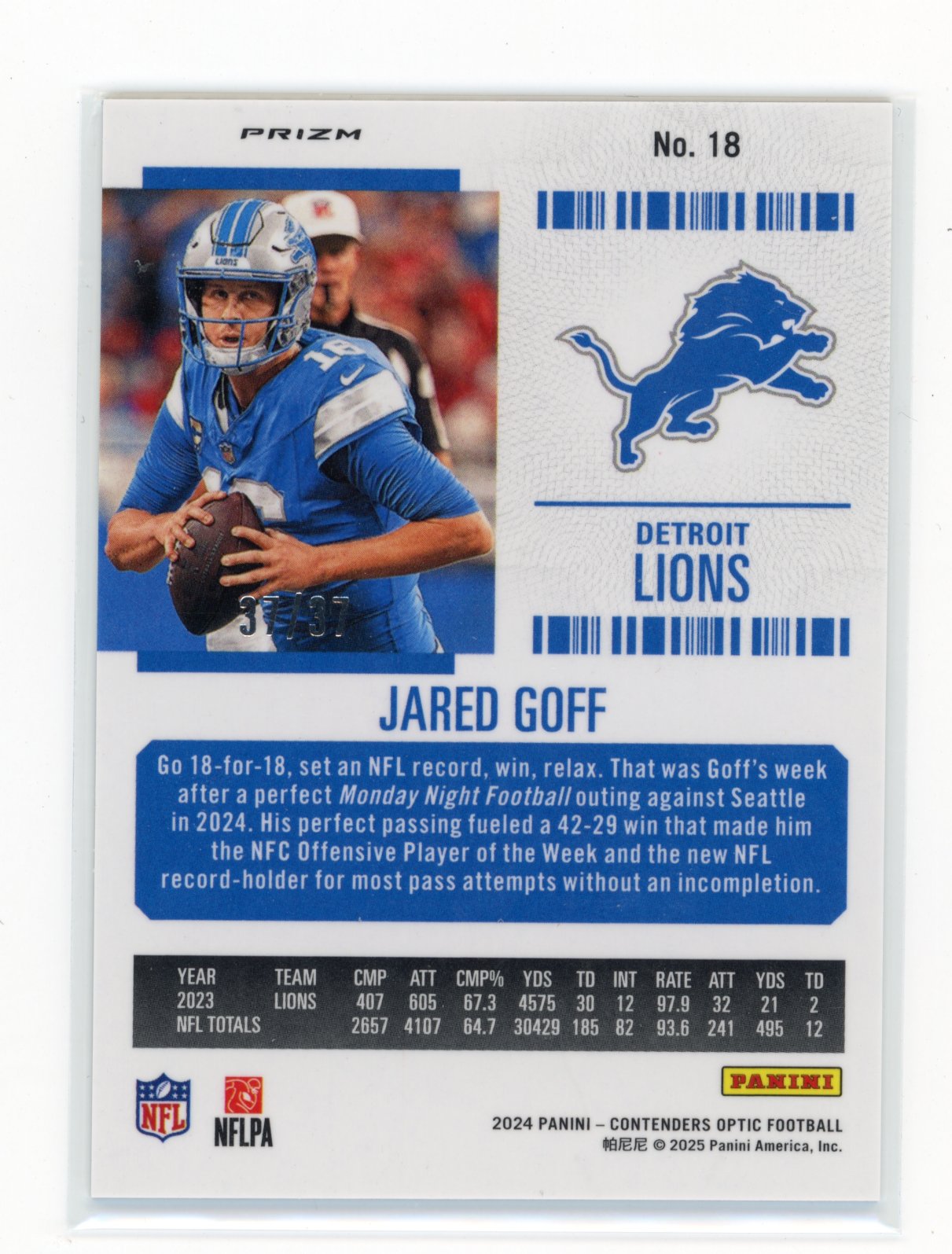 2024 Panini Contenders Optic Jared Goff #18 Purple Pulsar #/37 Detroit Lions