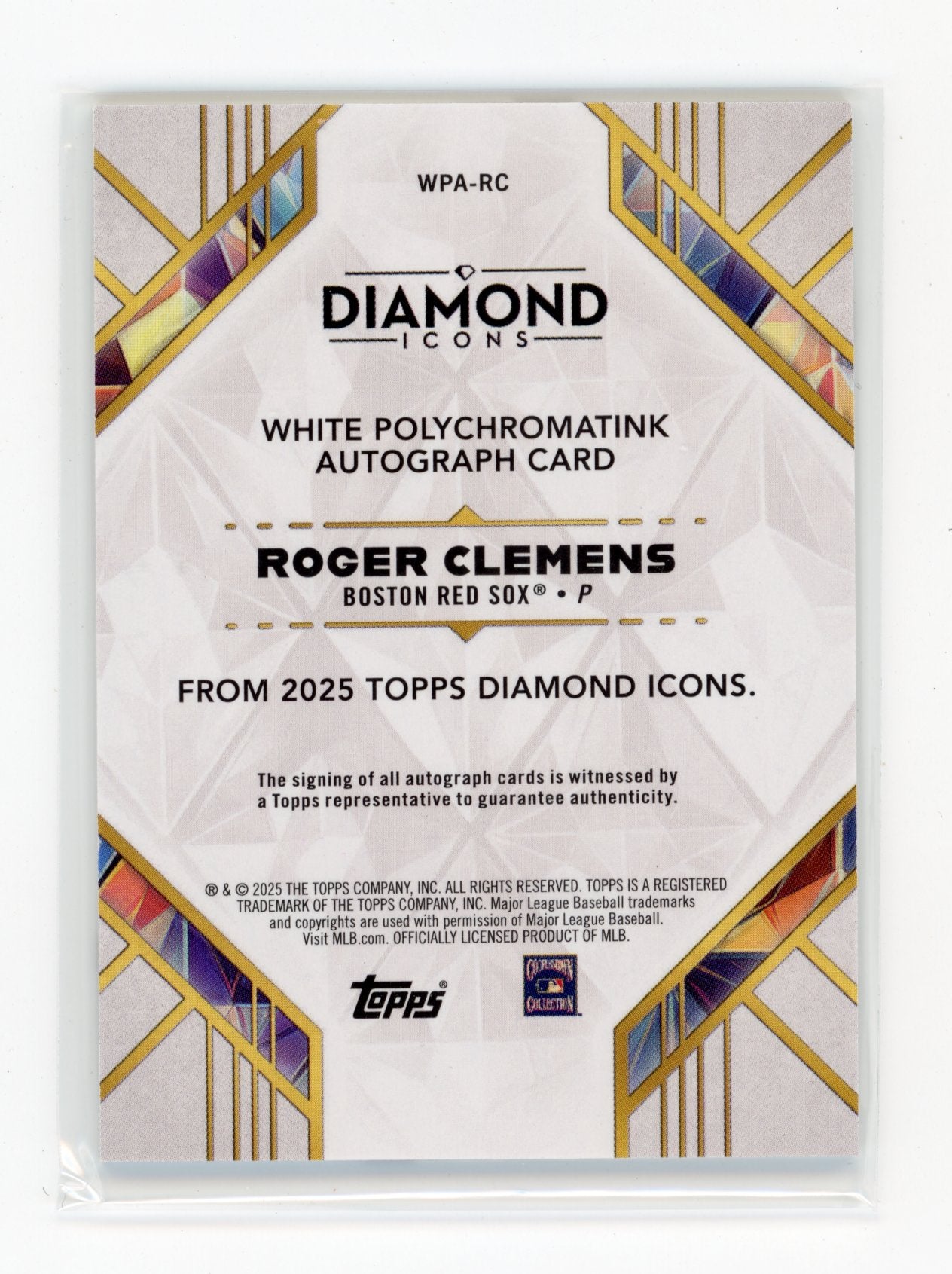 2025 Topps Diamond Icons Roger Clemens #WPA-RC White Polychromatink Autographs Base Purple Ink #/15 Boston Red Sox