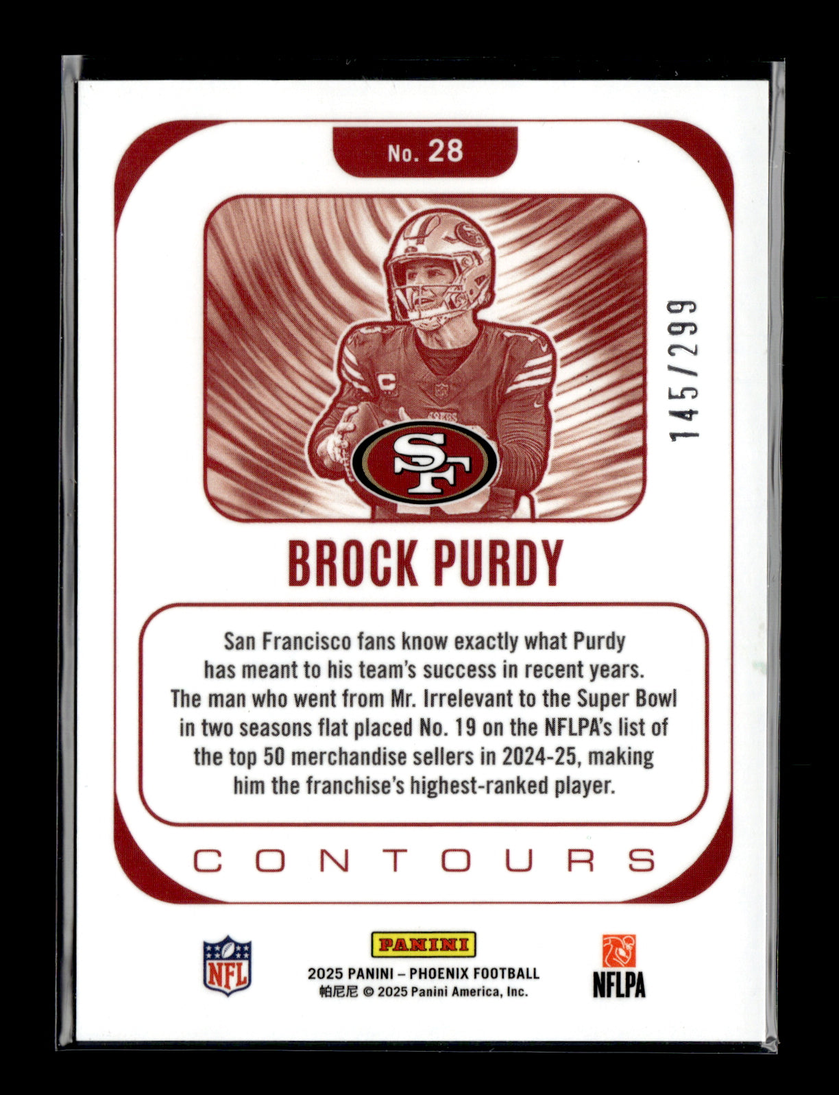 2025 Panini Phoenix Brock Purdy #28 Contours Silver Hyper Prizm #/299 San Francisco 49ers