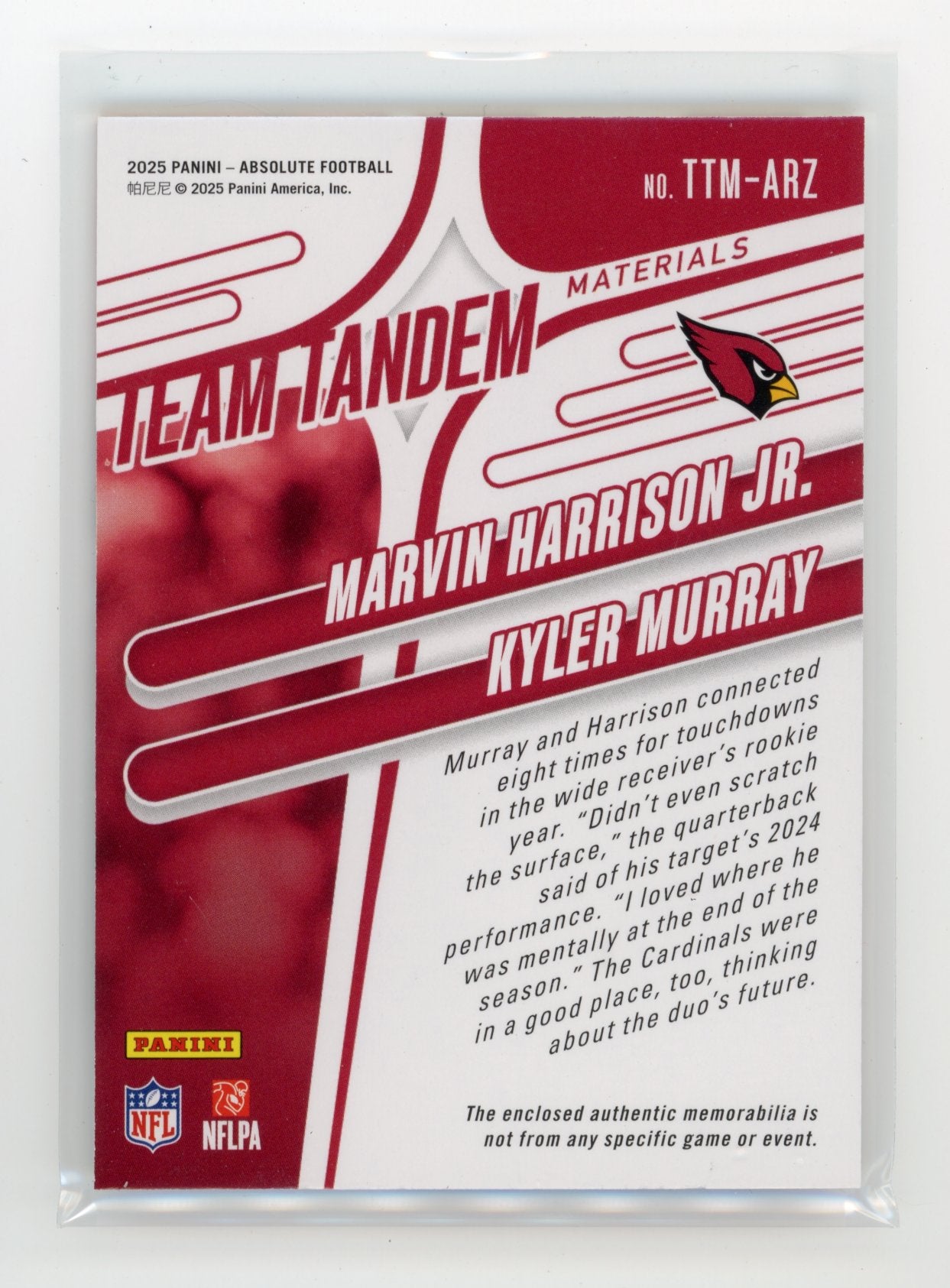 2025 Panini Absolute Marvin Harrison Jr. / Kyler Murray #/99 #TTM-ARZ Team Tandem Materials Arizona Cardinals