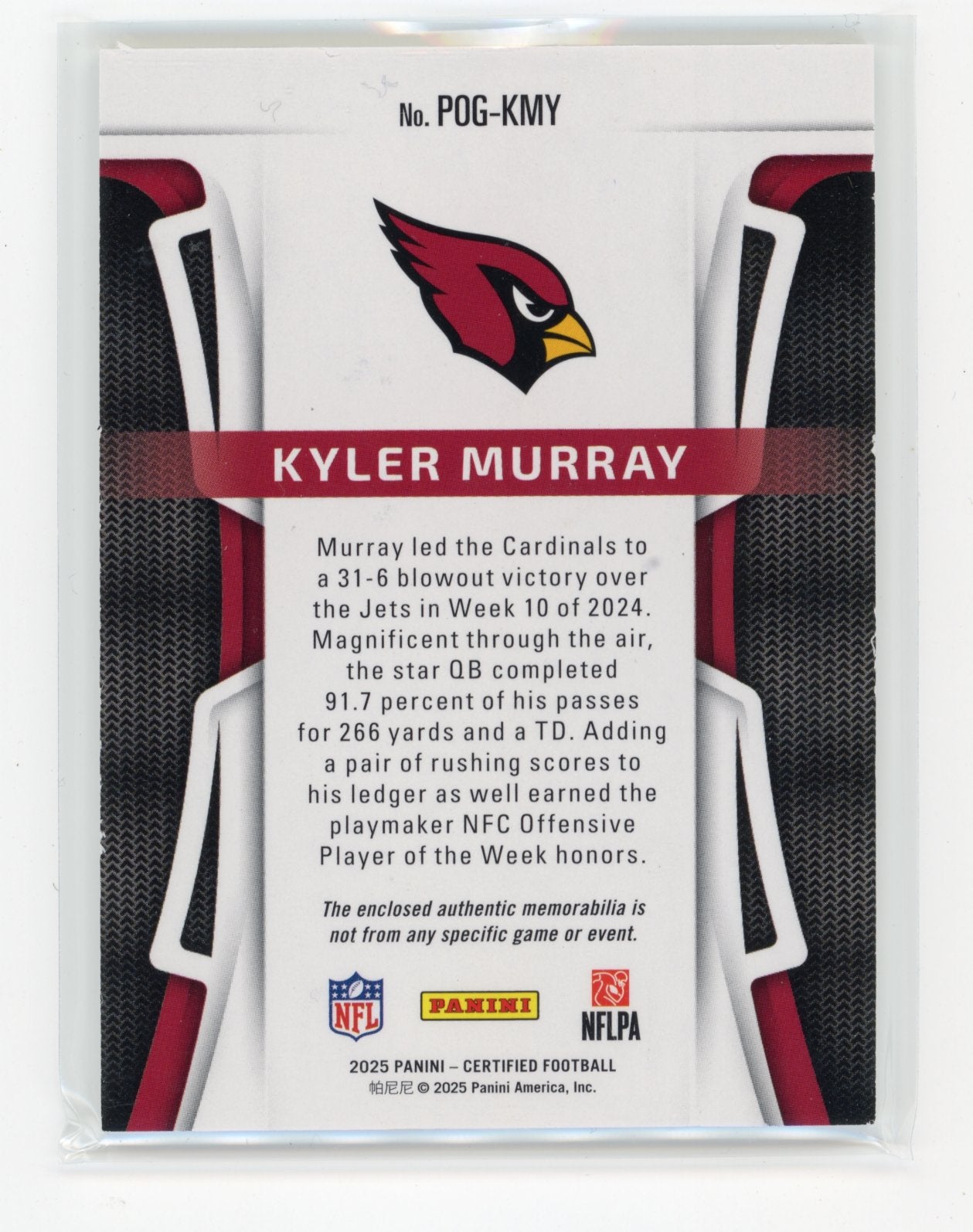 2025 Panini Certified Kyler Murray #POG-KMY Piece of the Game #/299 Arizona Cardinals