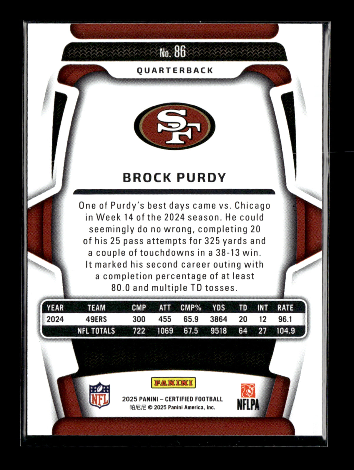 2025 Panini Certified Brock Purdy #86 Mirror Purple #/299 San Francisco 49ers