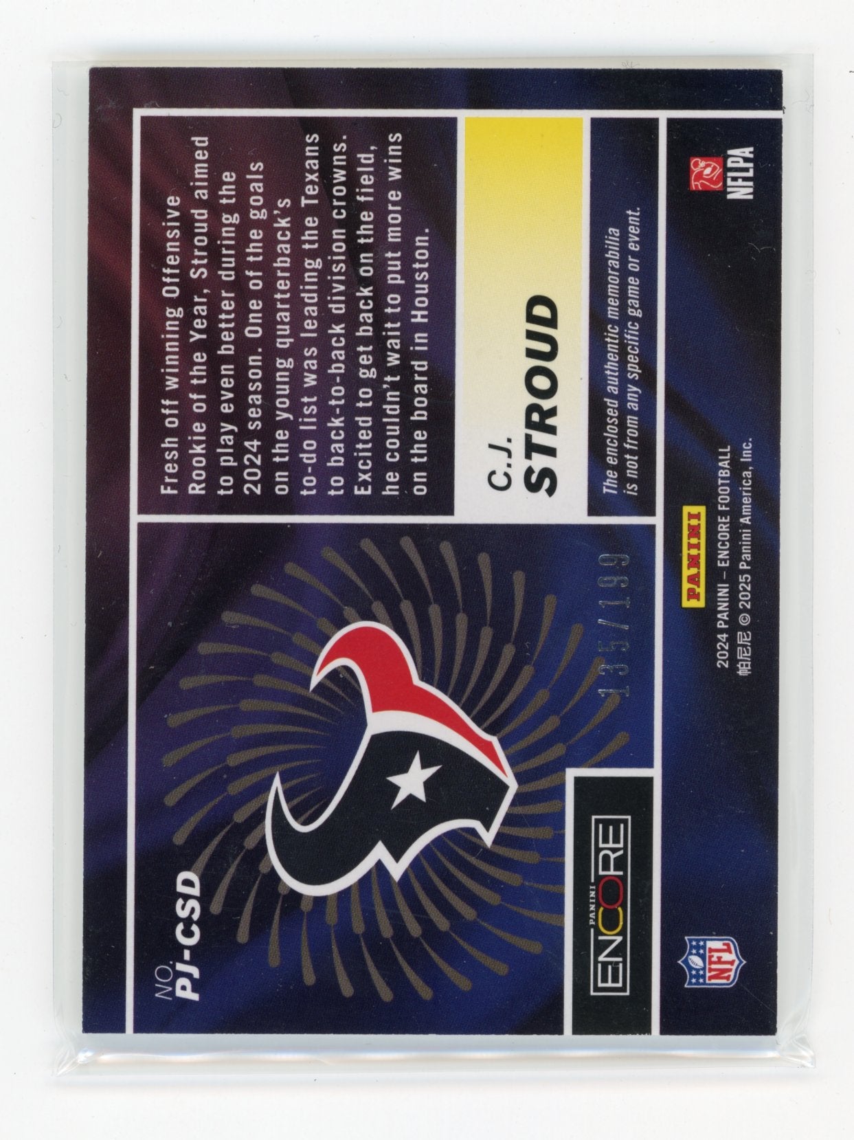 2024 Panini Encore C.J. Stroud #PJ-CSD Pinnacle Jerseys #/199 Houston Texans