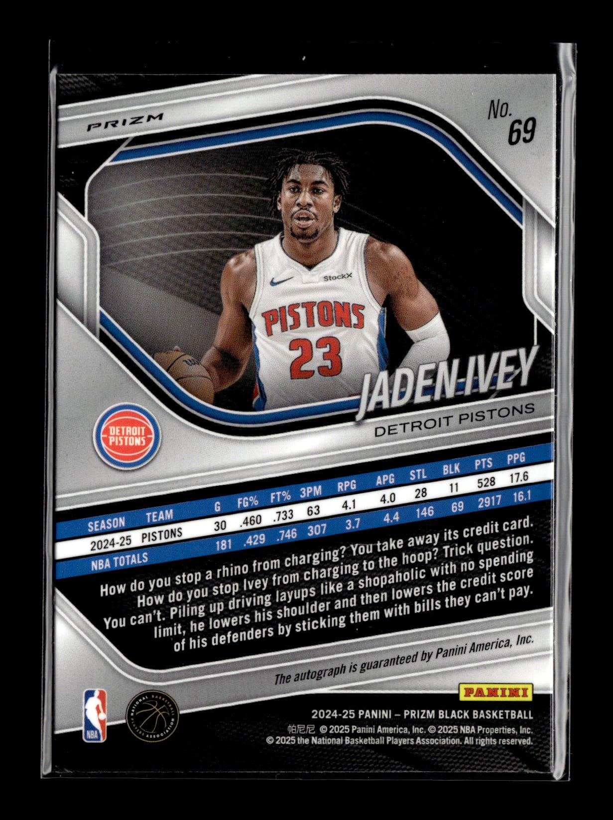 2024-25 Panini Prizm Black Jaden Ivey #69 Detroit Pistons