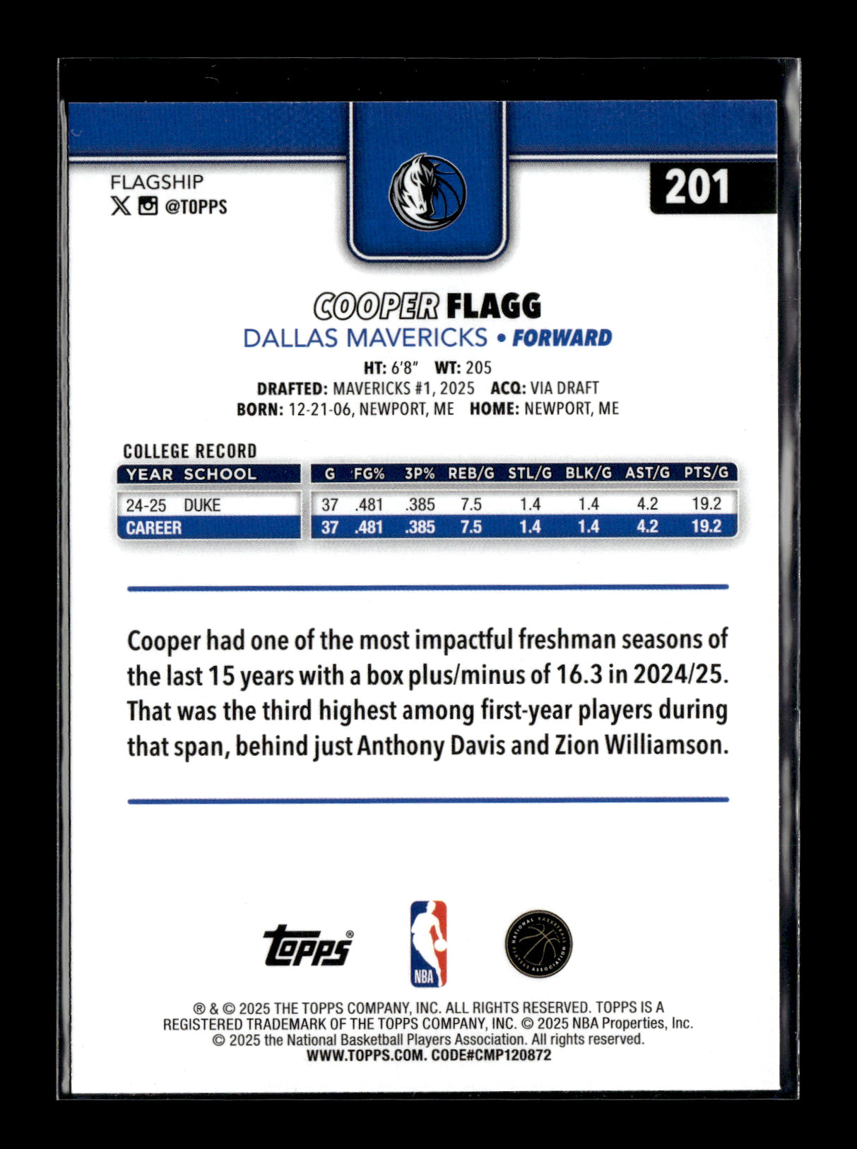 2025-26 Topps Cooper Flagg #201 Dallas Mavericks