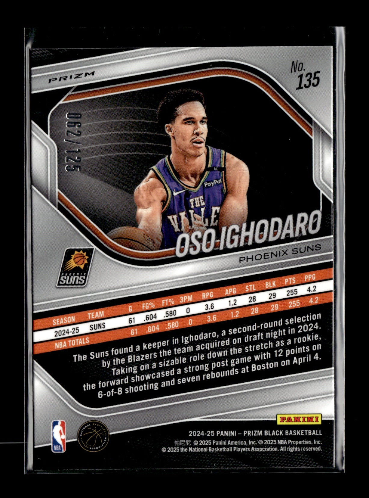 2024-25 Panini Prizm Black Oso Ighodaro #135 Blue Ice #/125 Phoenix Suns