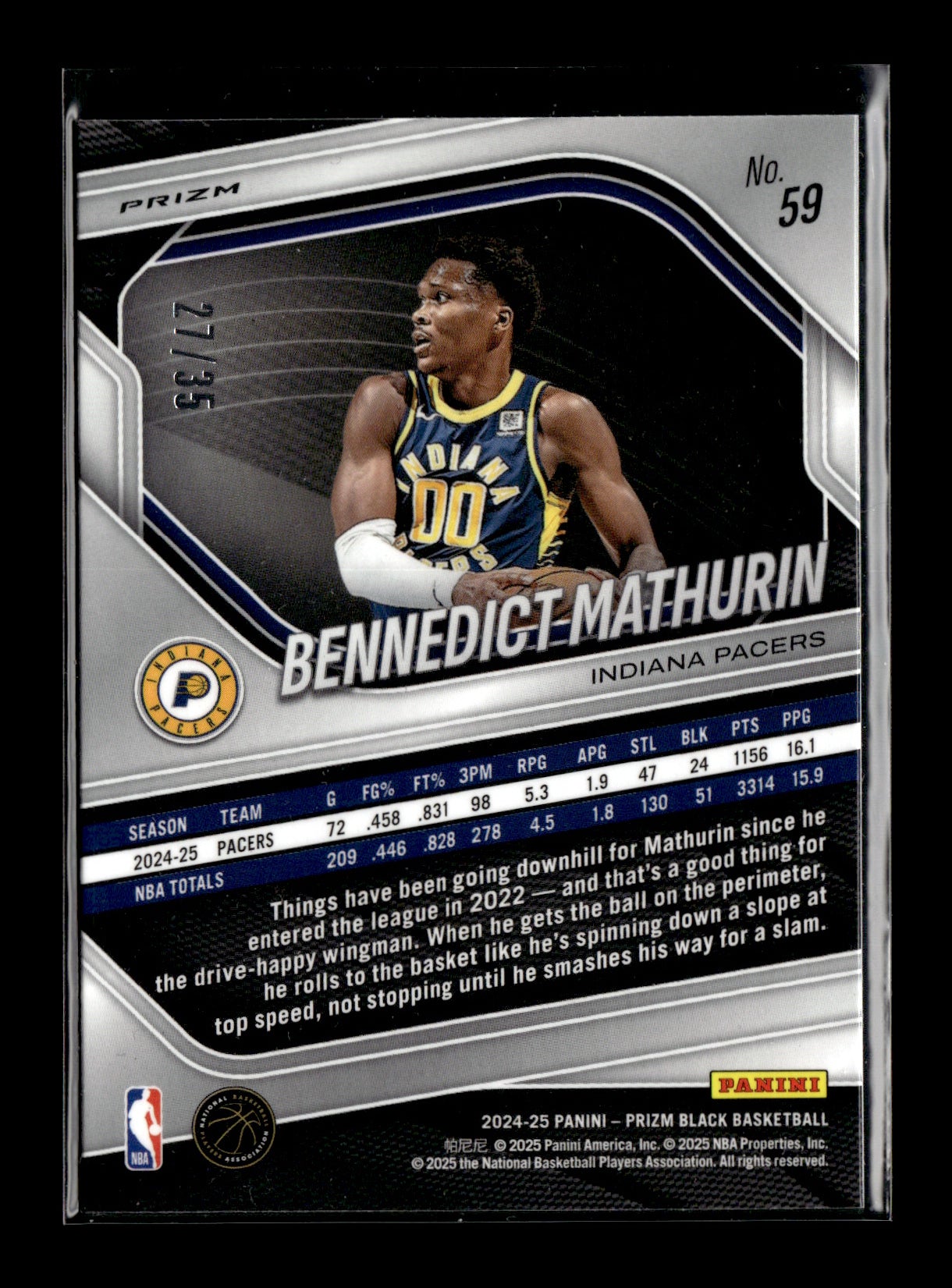 2024-25 Panini Prizm Black Bennedict Mathurin #59 Blue Shimmer #/35 Indiana Pacers