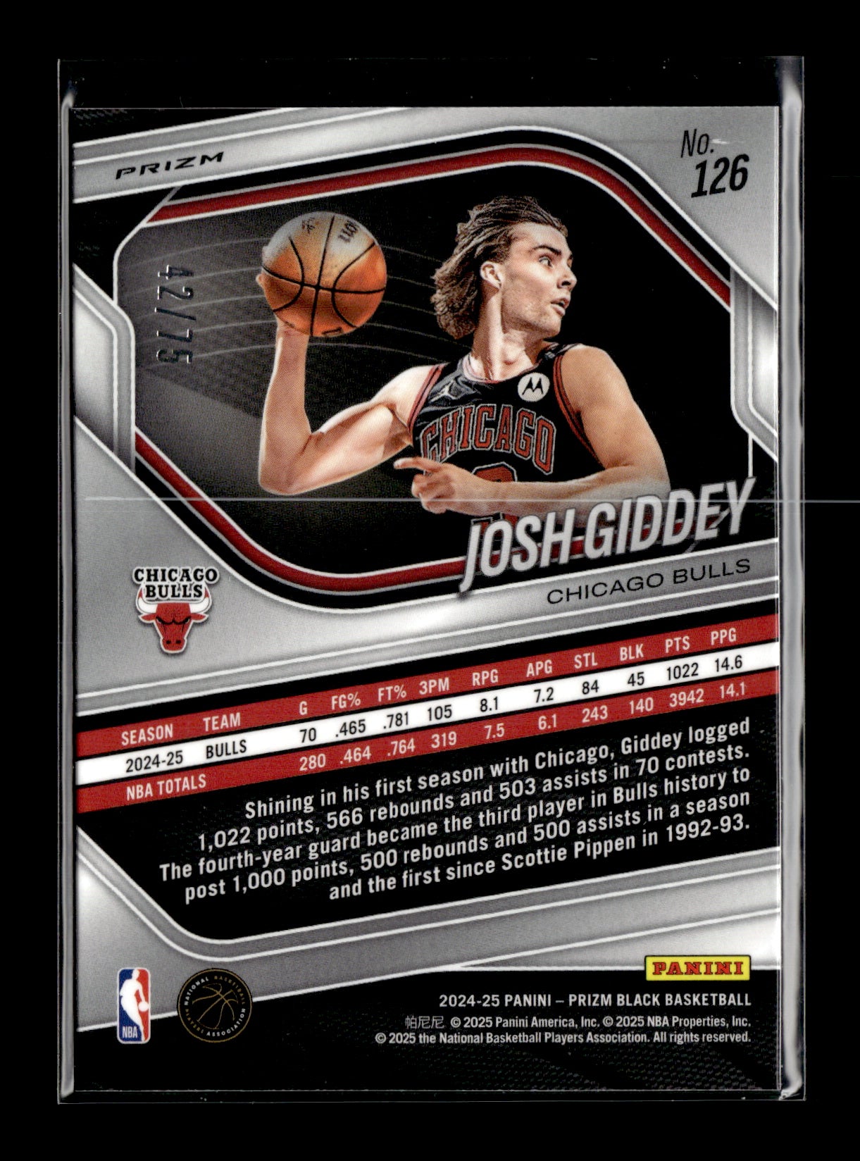 2024-25 Panini Prizm Black Josh Giddey #126 Red Power #/75 Chicago Bulls