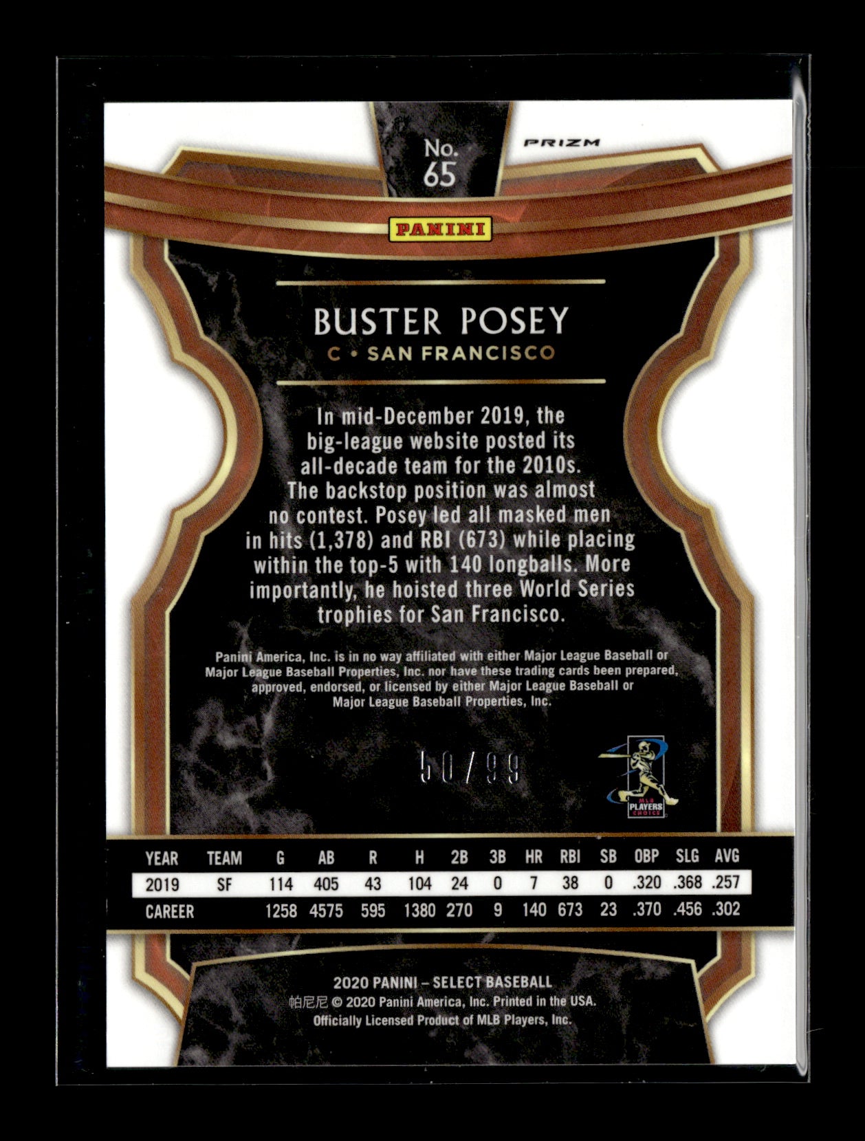 2020 Panini Select Buster Posey #65 Neon Green #/99 San Francisco Giants