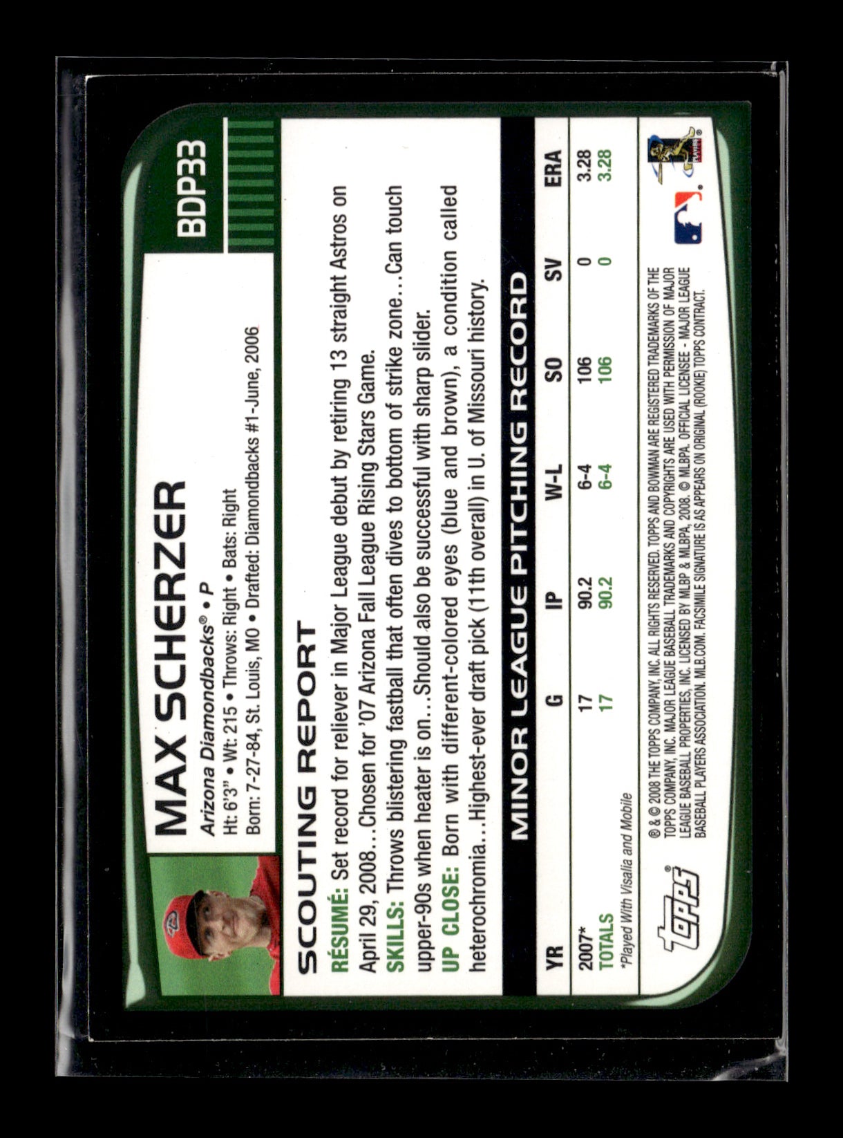 2008 Bowman Draft Picks & Prospects Max Scherzer #BDP33 Arizona Diamondbacks