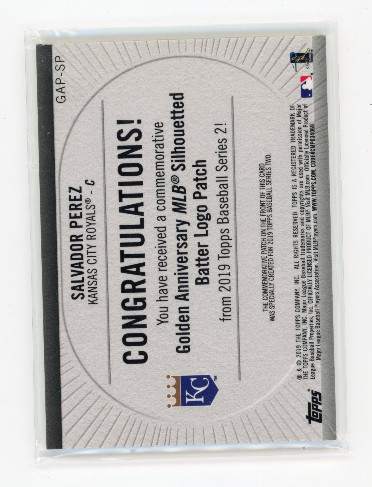 2019 Topps Salvador Perez #GAP-SP MLB Logo Golden Anniversary Manufactured Patch Kansas City Royals