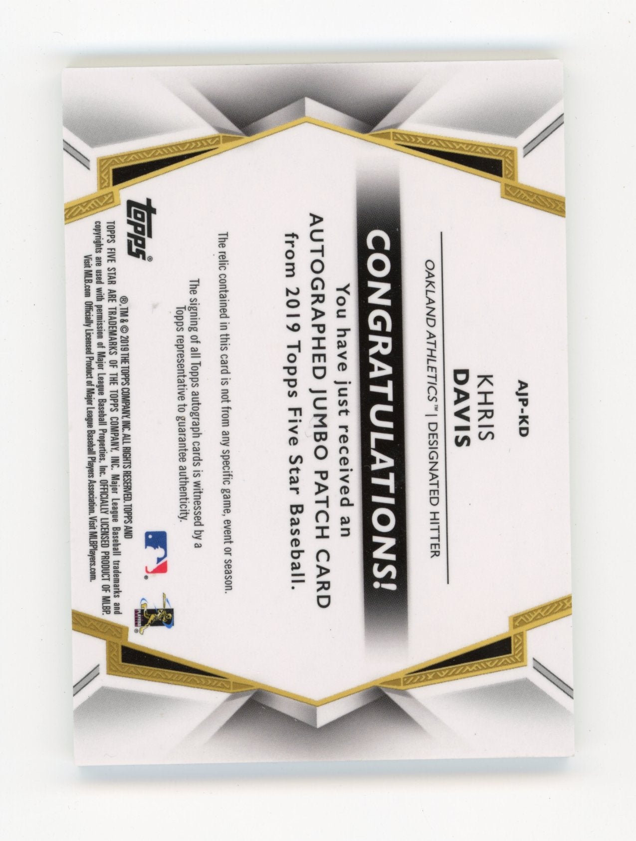 2019 Topps Five Star Khris Davis #AJP-KD Five Star Autographed Jumbo Patch Gold #/10 Oakland Athletics