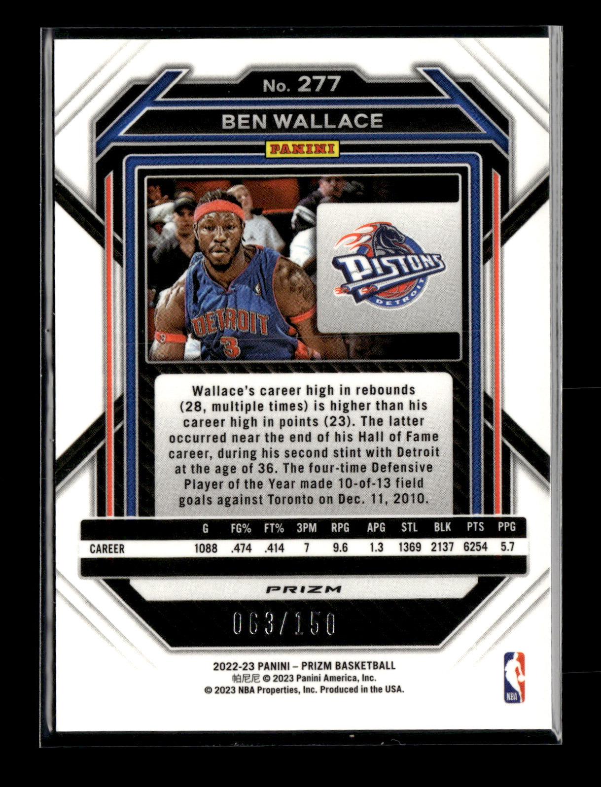 2022-23 Panini Prizm Ben Wallace #277 Prizms Premium Factory Set #/150 Detroit Pistons