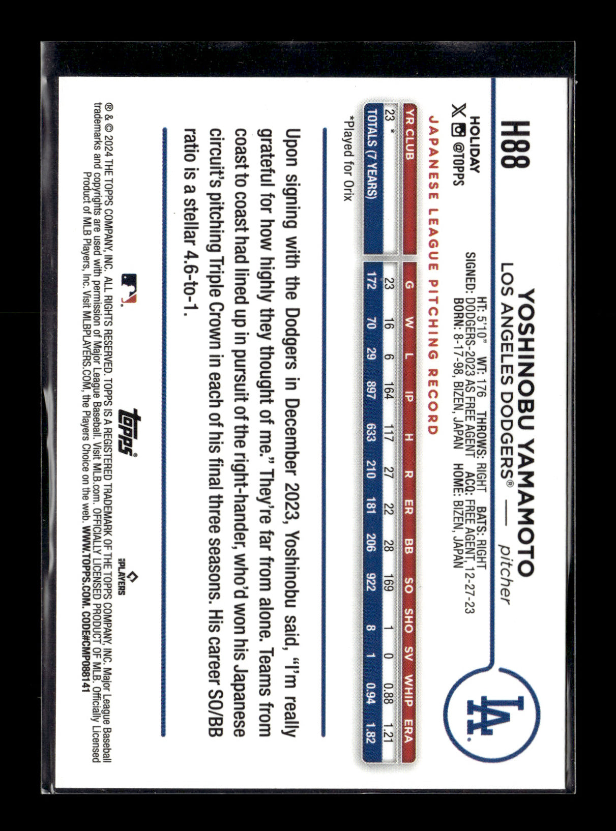 2024 Topps Holiday Yoshinobu Yamamoto #H88 Los Angeles Dodgers