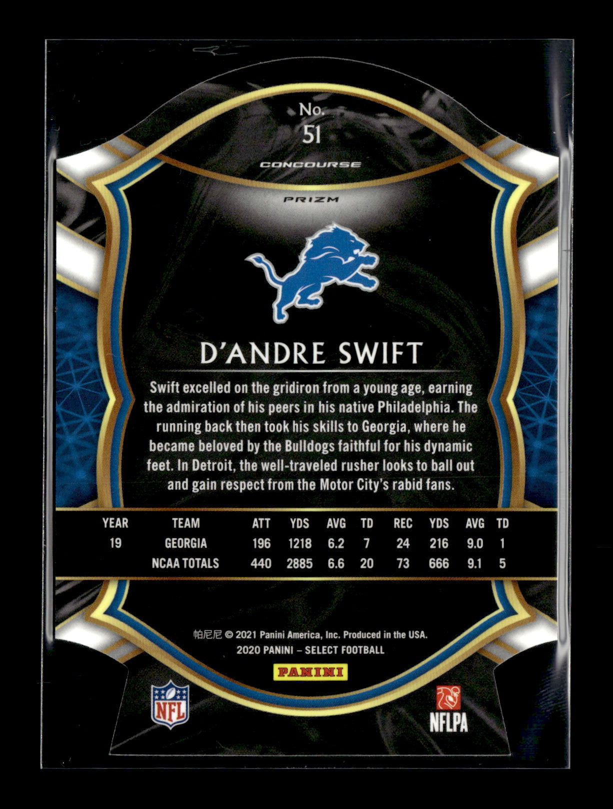 2020 Panini Select D'Andre Swift #51 Purple Prizm Die Cut Detroit Lions