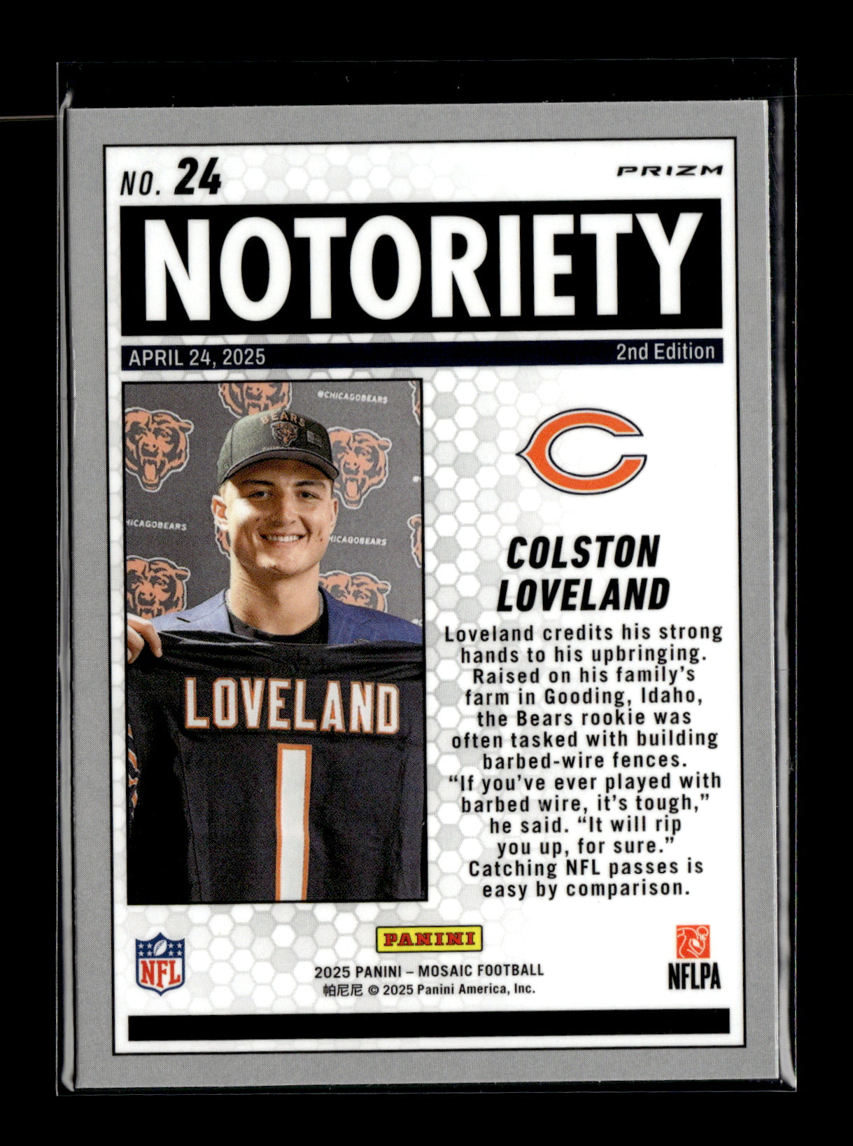 2025 Panini Mosaic Colston Loveland #24 Notoriety Mosaic Orange Fluorescent Chicago Bears