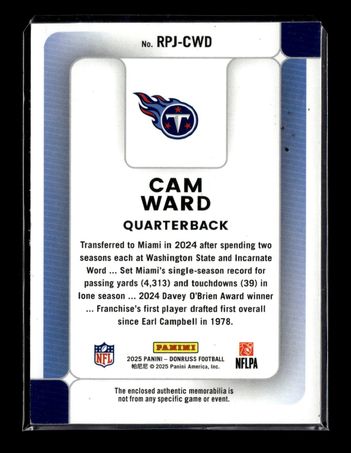 2025 Donruss Cam Ward #RPJ-CWD Rookie Phenom Jerseys Tennessee Titans