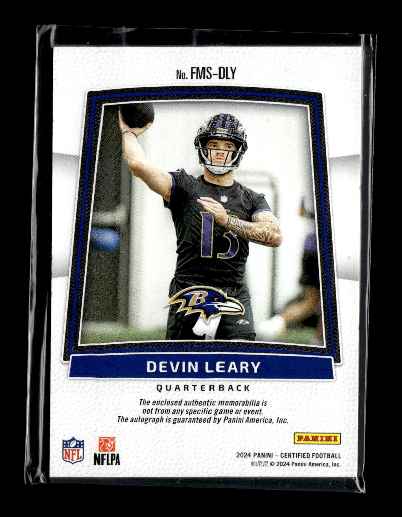 2024 Panini Certified Devin Leary #FMS-DLY Freshman Fabric Mirror Signatures Pink #/299 Baltimore Ravens
