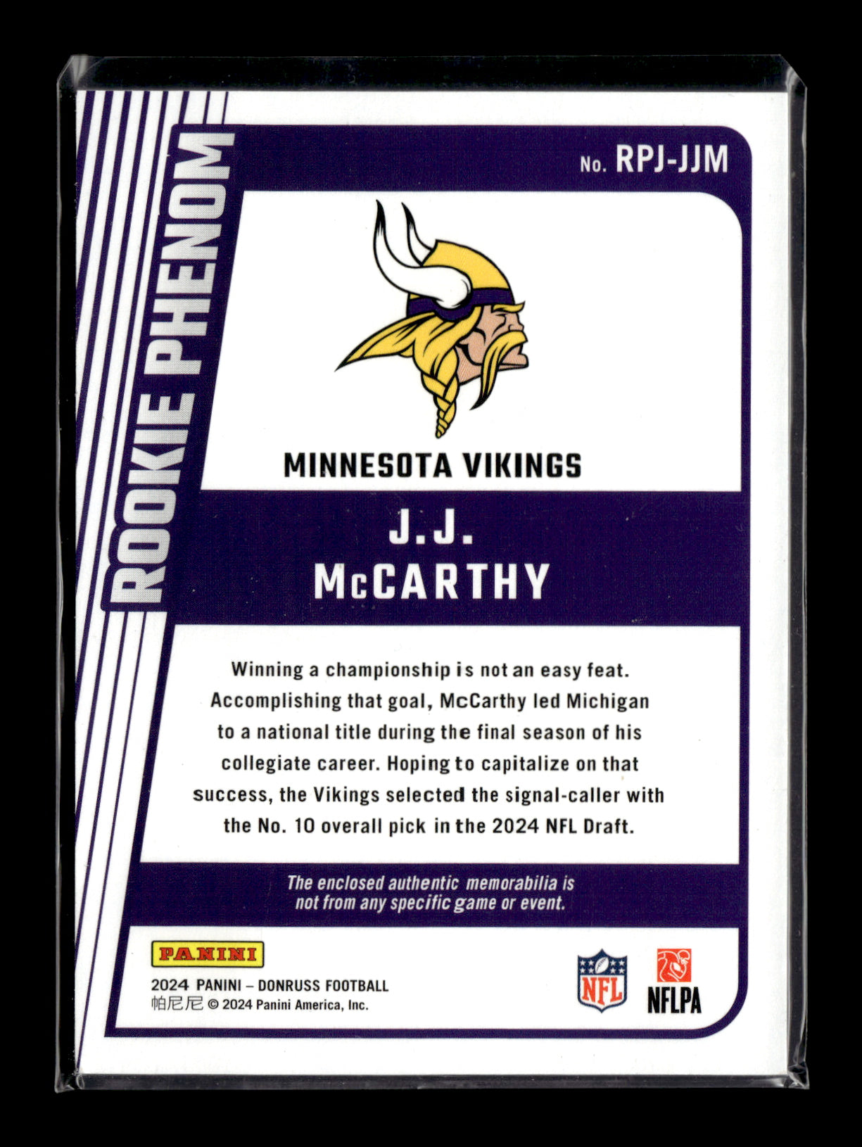 2024 Donruss J.J. McCarthy #RPJ-JJM Rookie Phenom Jerseys Minnesota Vikings