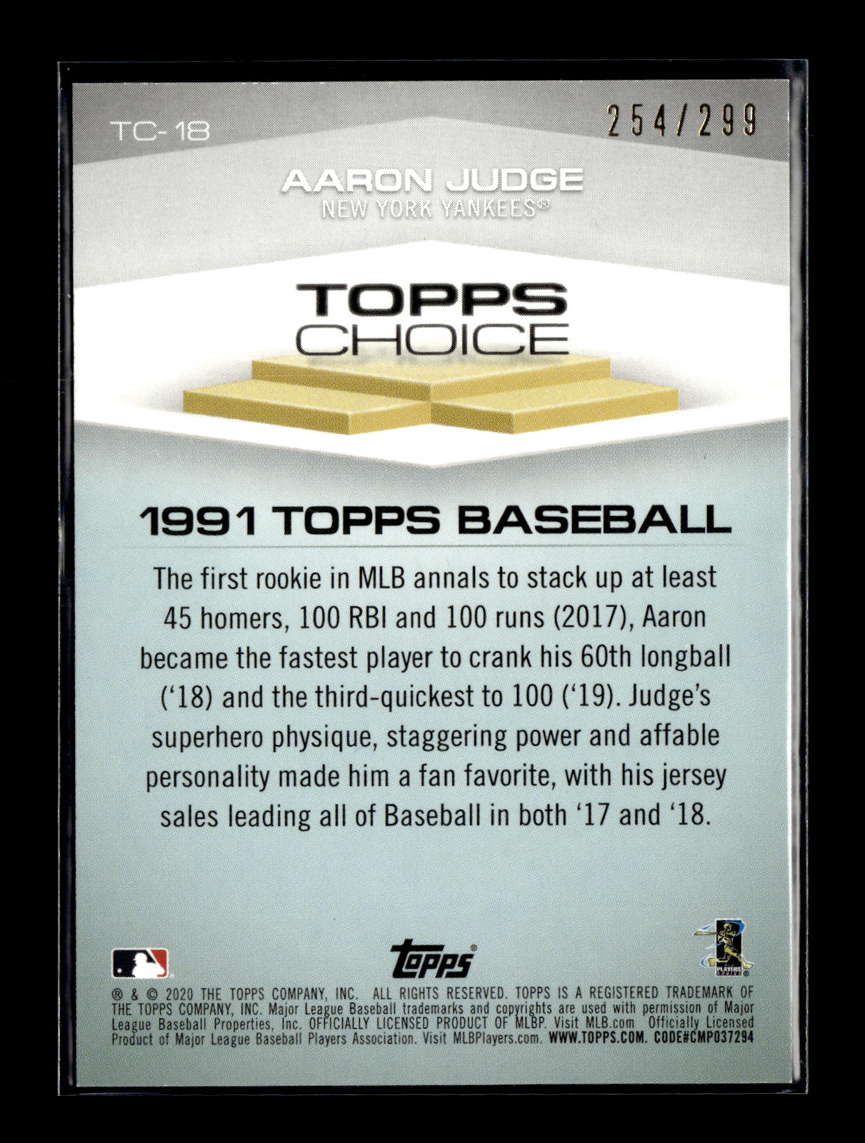 2020 Topps Aaron Judge #TC-18 Topps Choice Black #/299 New York Yankees
