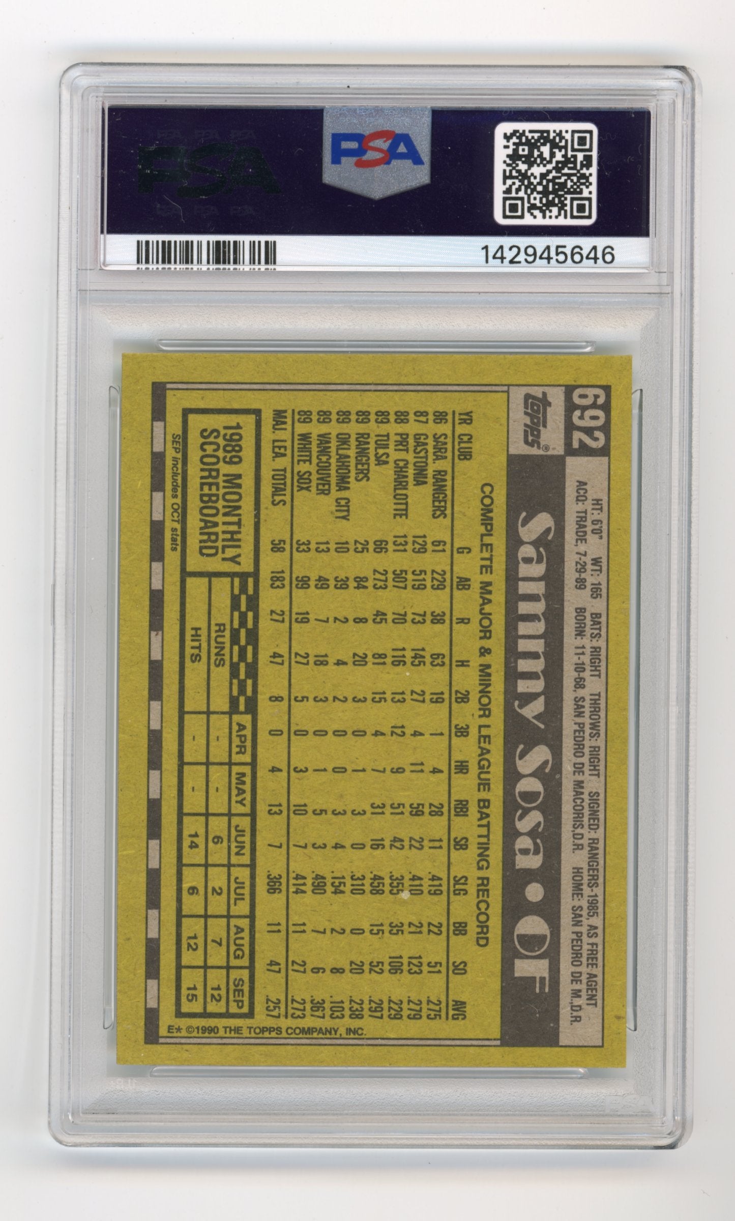 1990 Topps Sammy Sosa #692 PSA 8 Chicago White Sox
